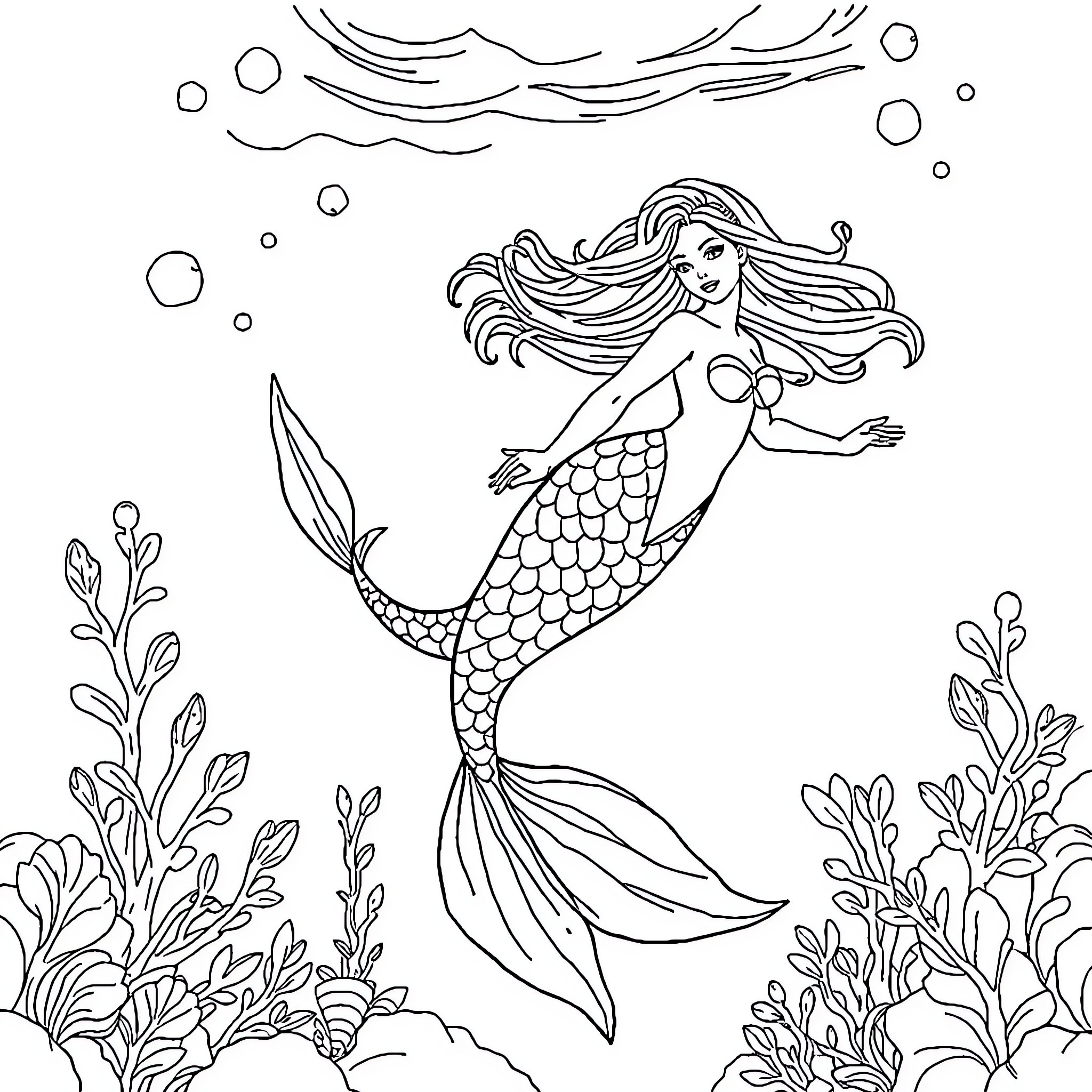 Mermaid swimming gracefully in the underwater world Coloring Page (free black-and-white line drawing printable PDF for all, from beginners to advanced learners, including children, teens, adults, and seniors)