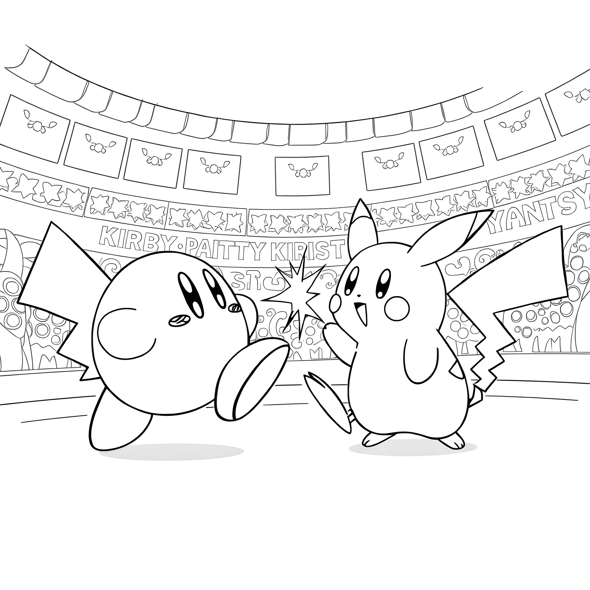 Kirby and Pikachu playing at a party Coloring Page (free black-and-white line drawing printable PDF for all, from beginners to advanced learners, including children, teens, adults, and seniors)