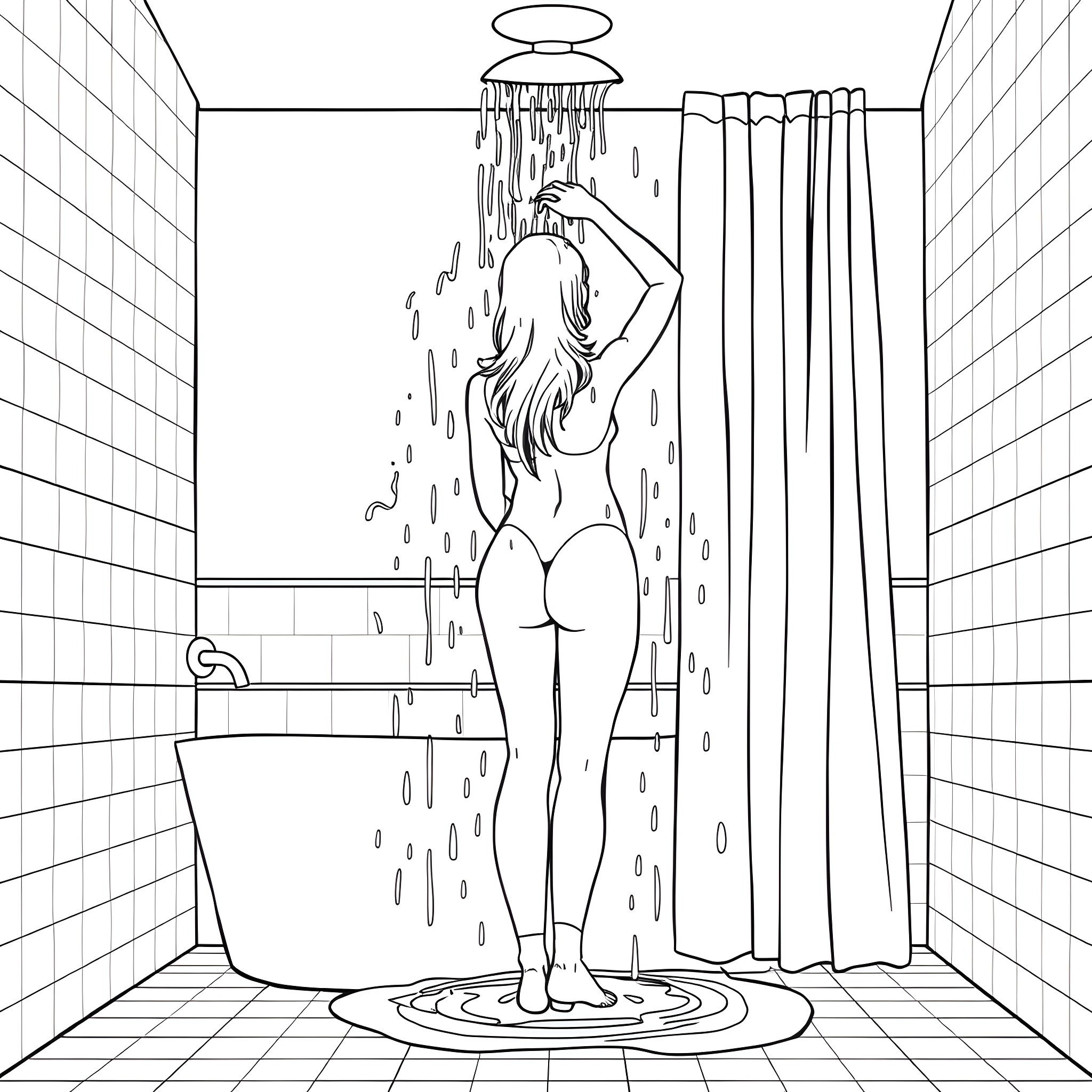 Woman showering in a bathroom Coloring Page (free black-and-white line drawing printable PDF for all, from beginners to advanced learners, including children, teens, adults, and seniors)
