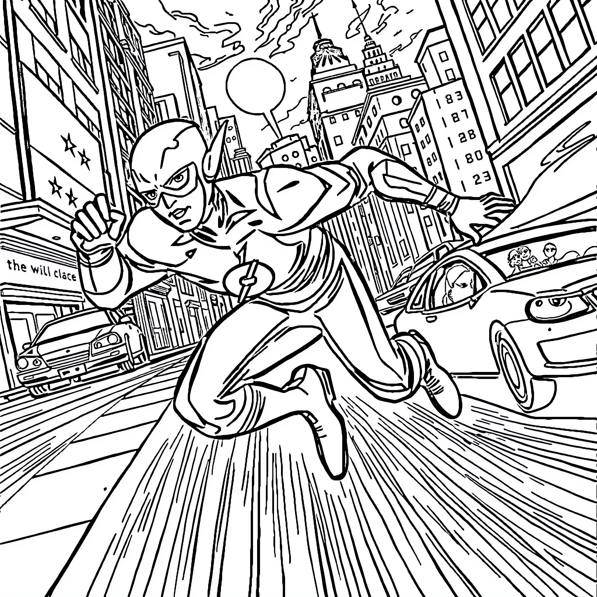 Flash races through the bustling city streets Coloring Page (free black-and-white line drawing printable PDF for all, from beginners to advanced learners, including children, teens, adults, and seniors)
