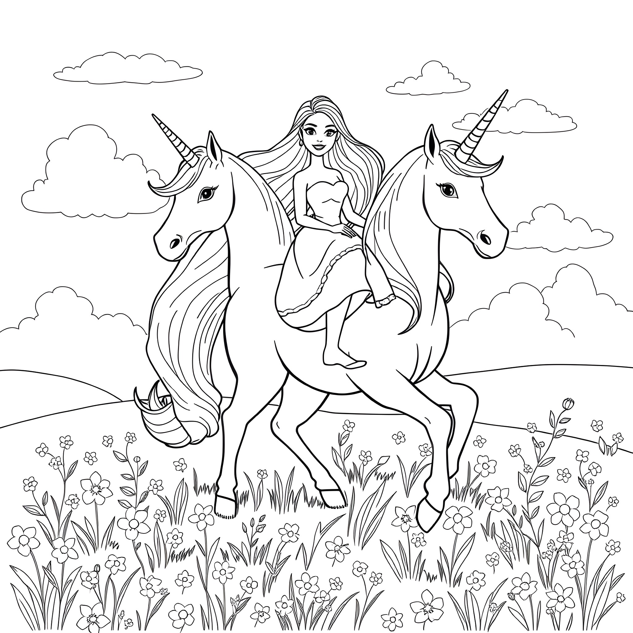 Barbie riding unicorns through a magical field Coloring Page (free black-and-white line drawing printable PDF for all, from beginners to advanced learners, including children, teens, adults, and seniors)