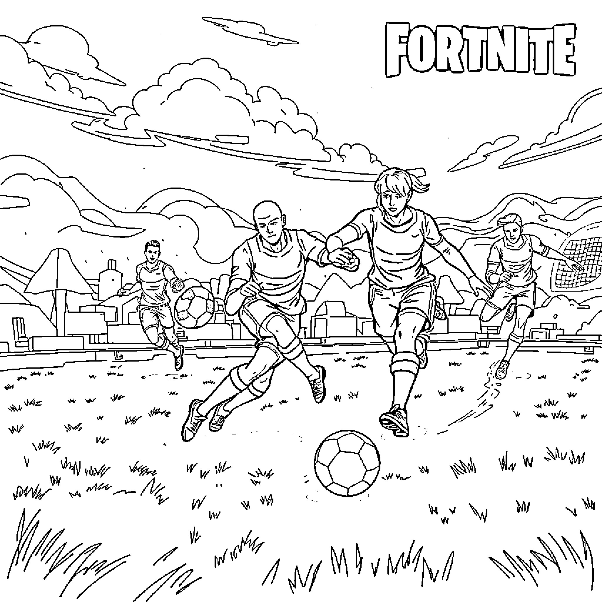 Fortnite characters playing soccer in an outdoor setting Coloring Page (free black-and-white line drawing printable PDF for all, from beginners to advanced learners, including children, teens, adults, and seniors)