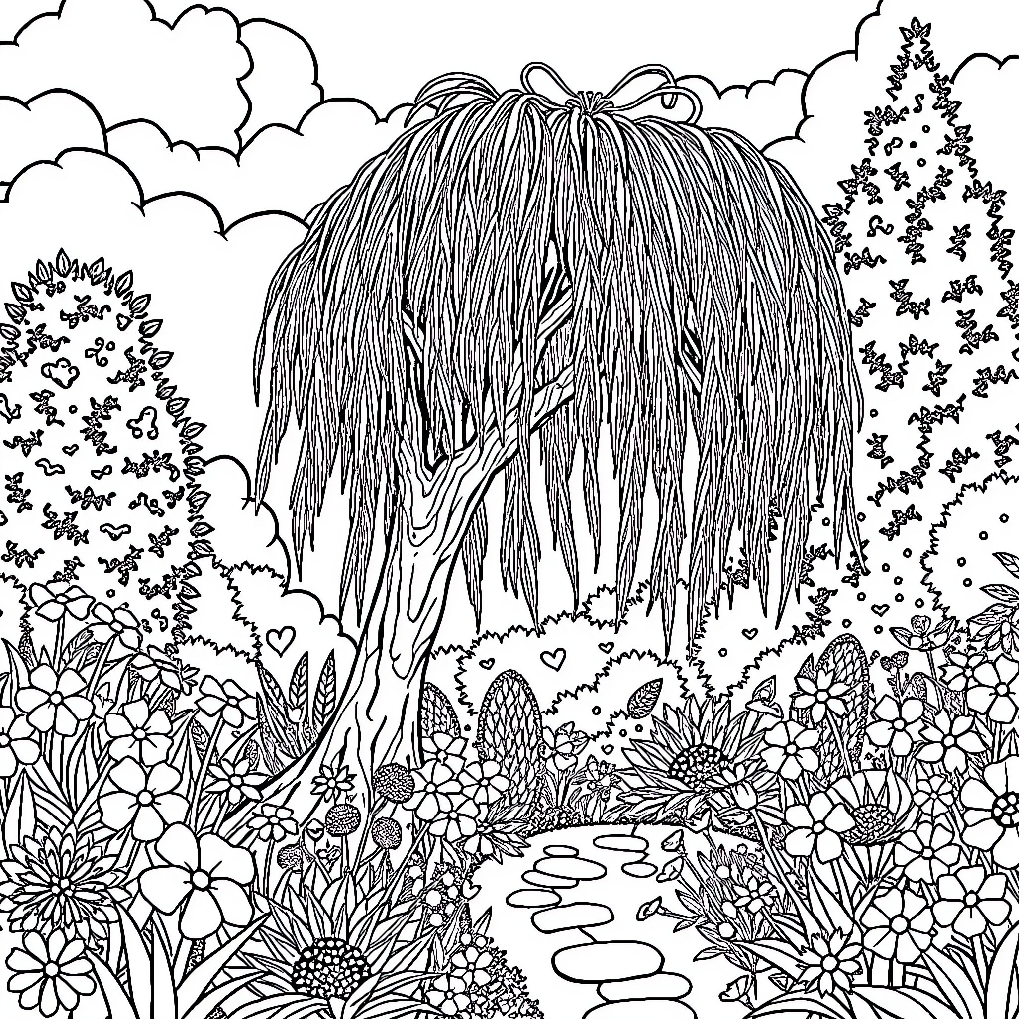 Garden with enchanting landscape and floral elements Coloring Page (free black-and-white line drawing printable PDF for all, from beginners to advanced learners, including children, teens, adults, and seniors)