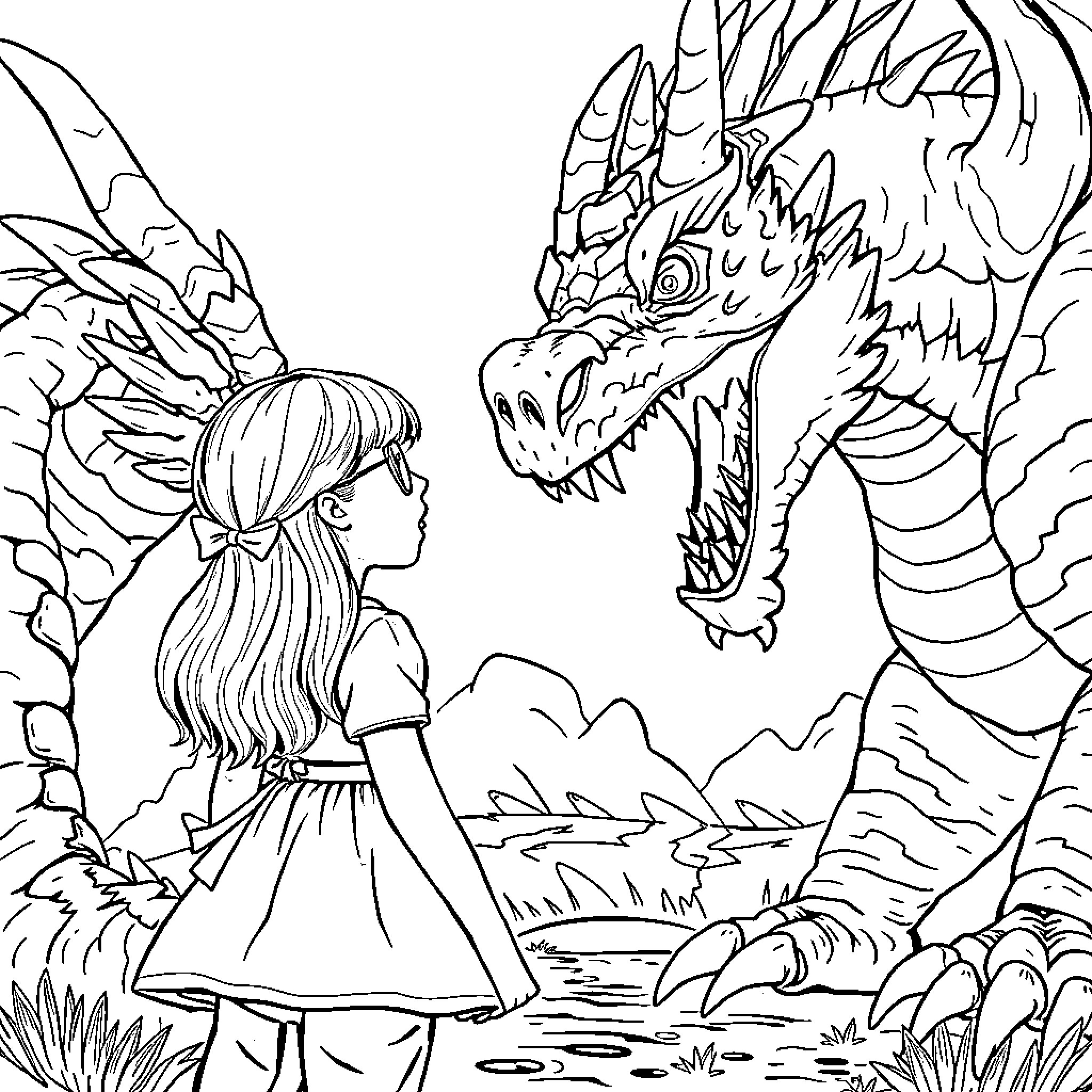 Dragon encountering a fairy in a fantasy landscape Coloring Page (free black-and-white line drawing printable PDF for all, from beginners to advanced learners, including children, teens, adults, and seniors)