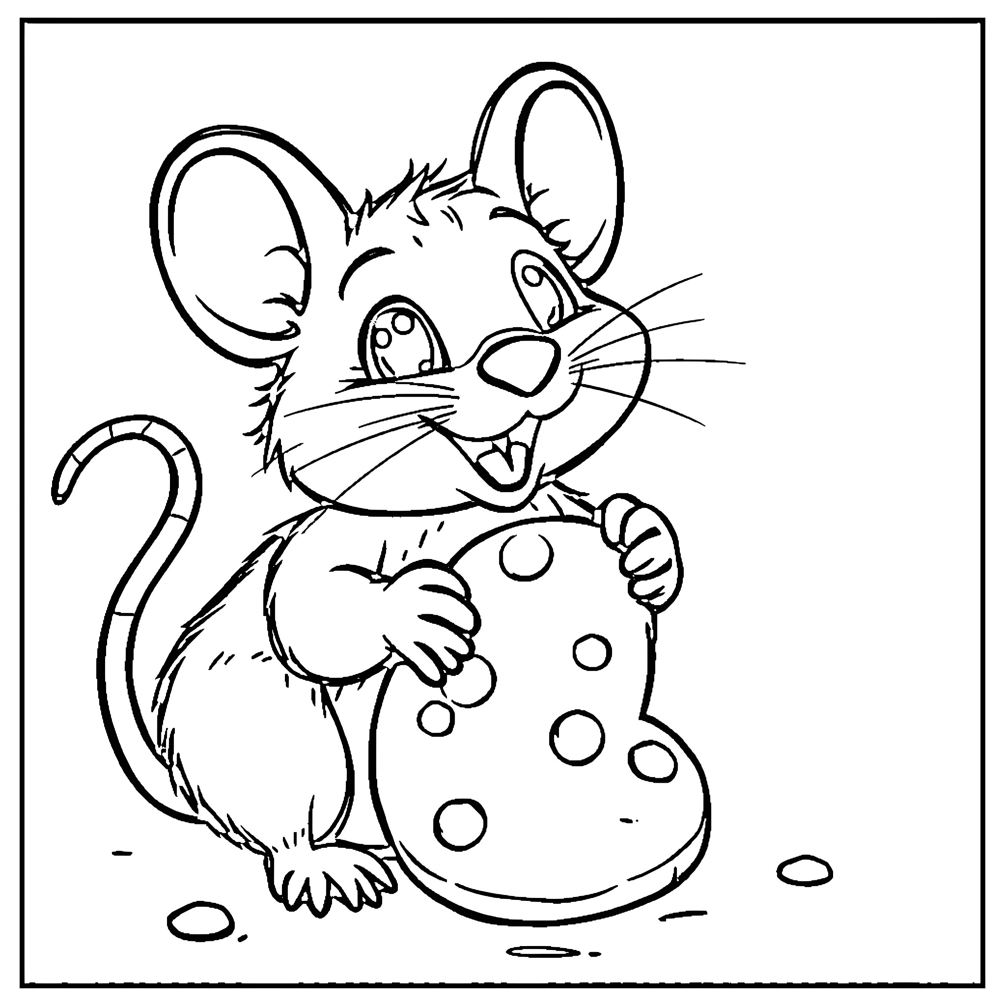 Mouse chewing on a piece of cheese Coloring Page (free black-and-white line drawing printable PDF for all, from beginners to advanced learners, including children, teens, adults, and seniors)