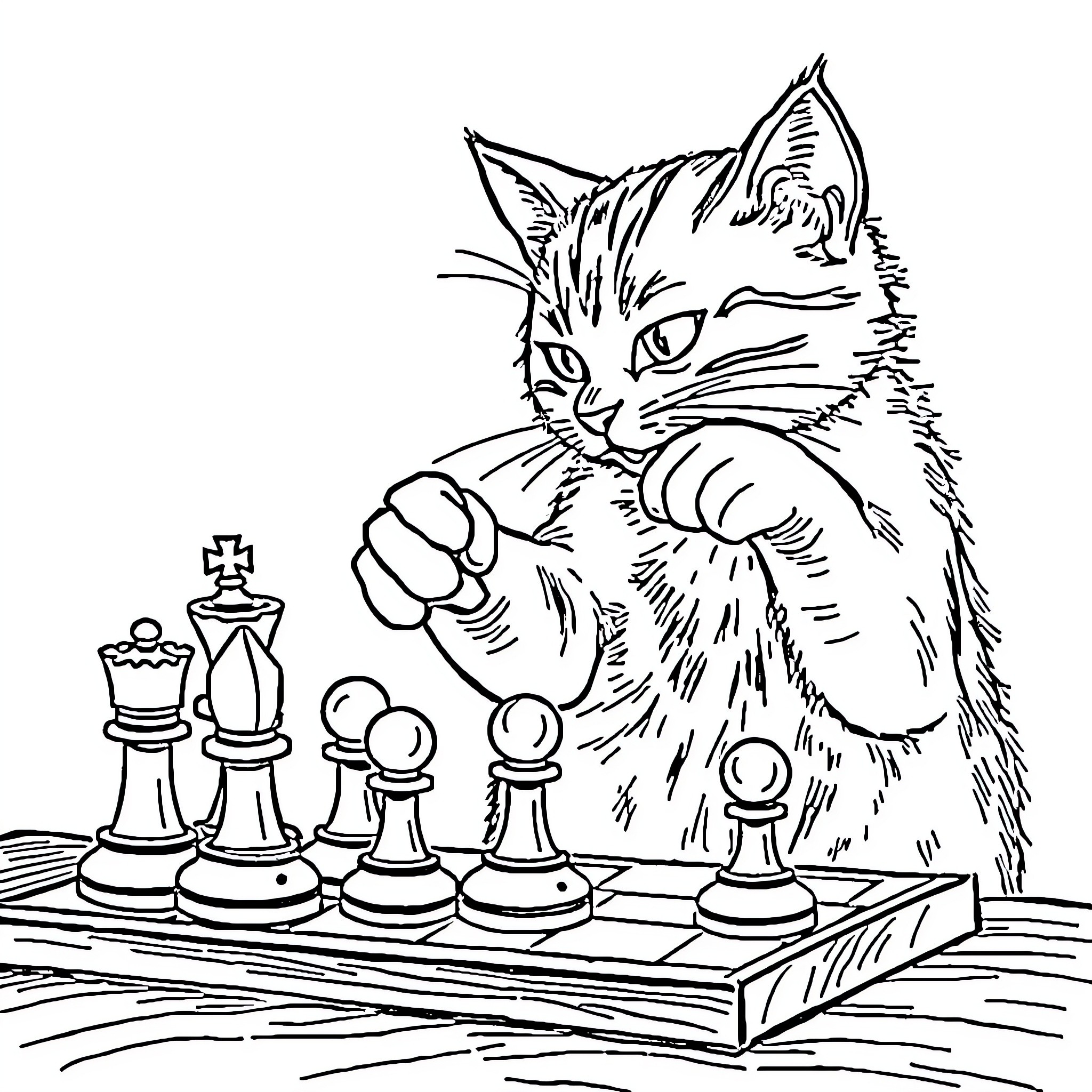 Cat playing chess with chess pieces Coloring Page (free black-and-white line drawing printable PDF for all, from beginners to advanced learners, including children, teens, adults, and seniors)