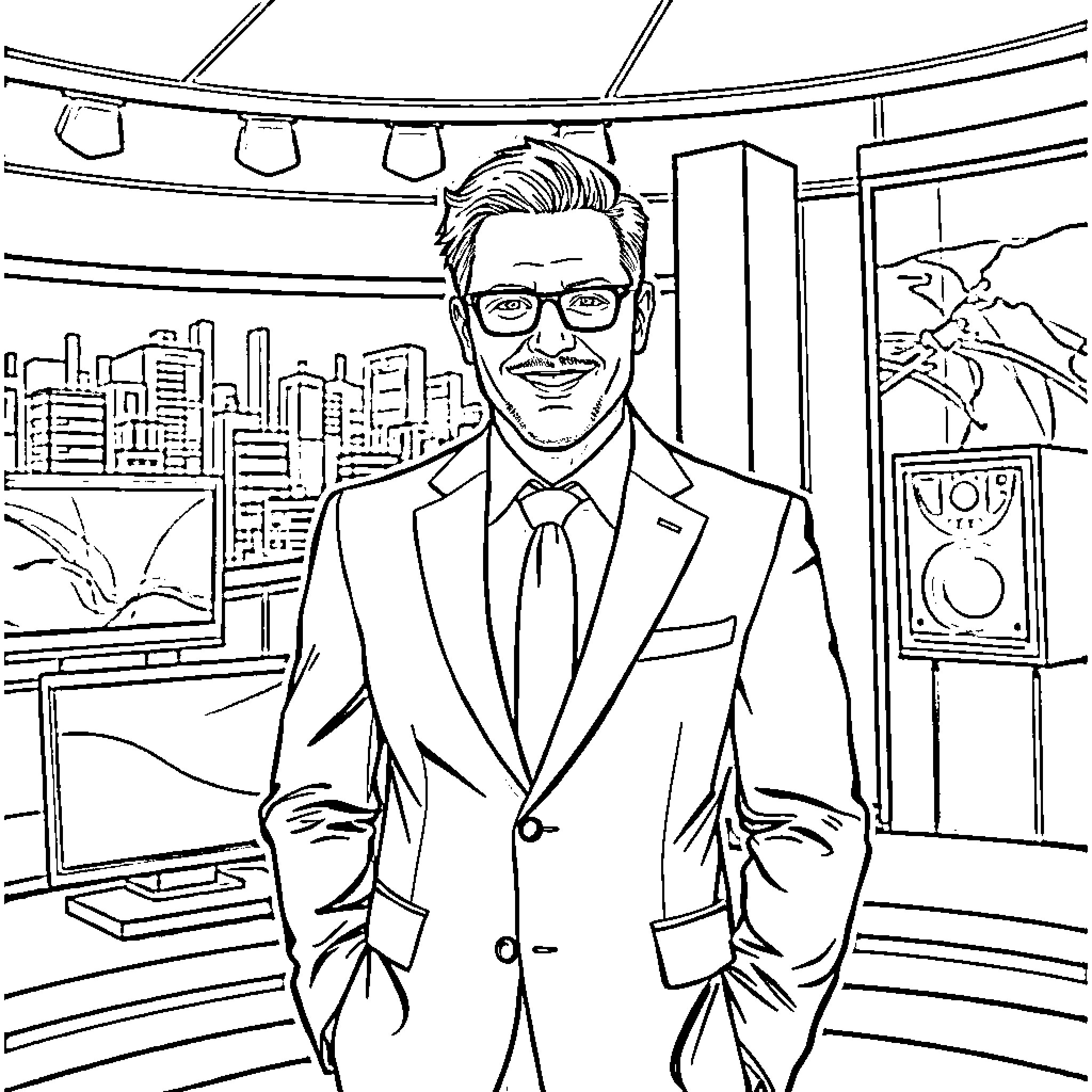 Pete Hegseth in formal attire at a news studio Coloring Page (free black-and-white line drawing printable PDF for all, from beginners to advanced learners, including children, teens, adults, and seniors)