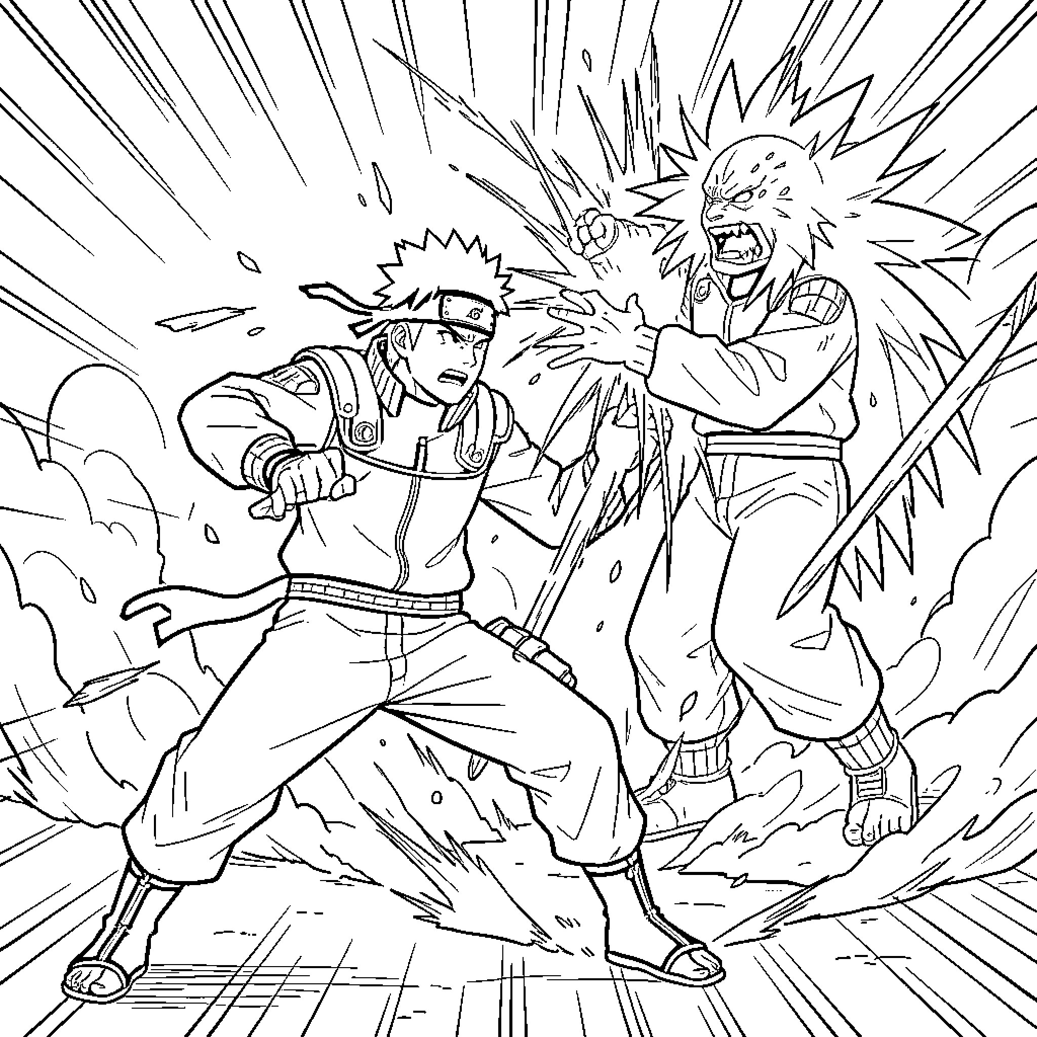 Naruto engaging in an intense battle with a foe Coloring Page (free black-and-white line drawing printable PDF for all, from beginners to advanced learners, including children, teens, adults, and seniors)