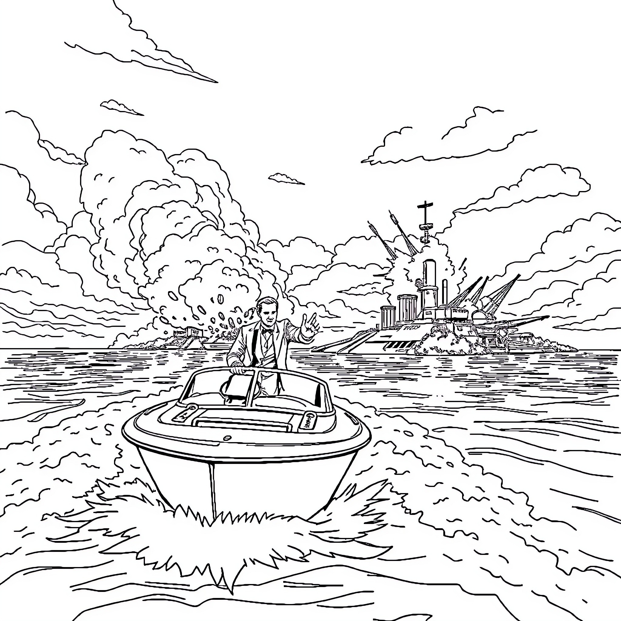 James Bond escaping in a speedboat as a city explodes behind him Coloring Page (free black-and-white line drawing printable PDF for all, from beginners to advanced learners, including children, teens, adults, and seniors)