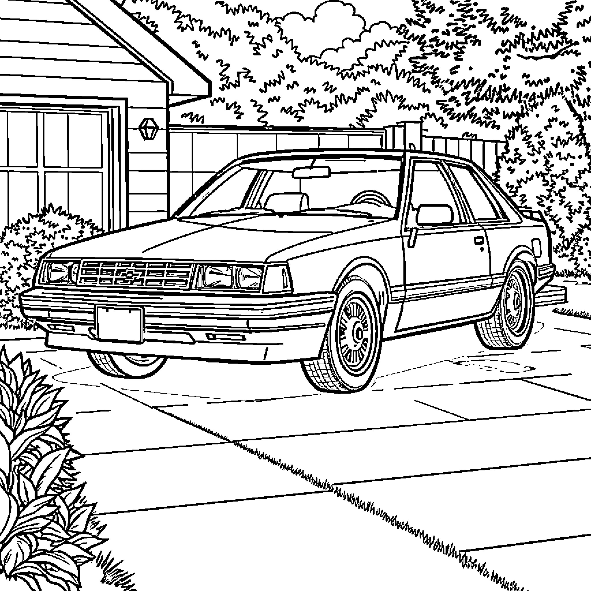 Chevy Cavalier parked in front of house Coloring Page (free black-and-white line drawing printable PDF for all, from beginners to advanced learners, including children, teens, adults, and seniors)