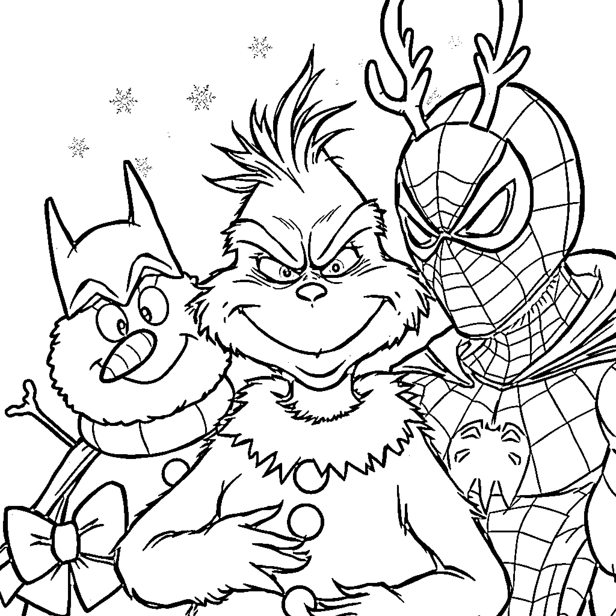 Grinch's Mischievous Holiday Antics Coloring Page (free black-and-white line drawing printable PDF for all, from beginners to advanced learners, including children, teens, adults, and seniors)