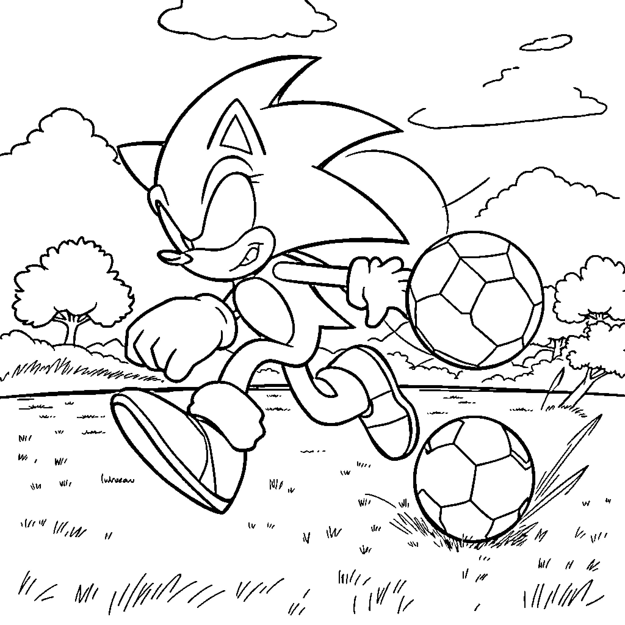 Sonic playing soccer with friends in the park Coloring Page (free black-and-white line drawing printable PDF for all, from beginners to advanced learners, including children, teens, adults, and seniors)