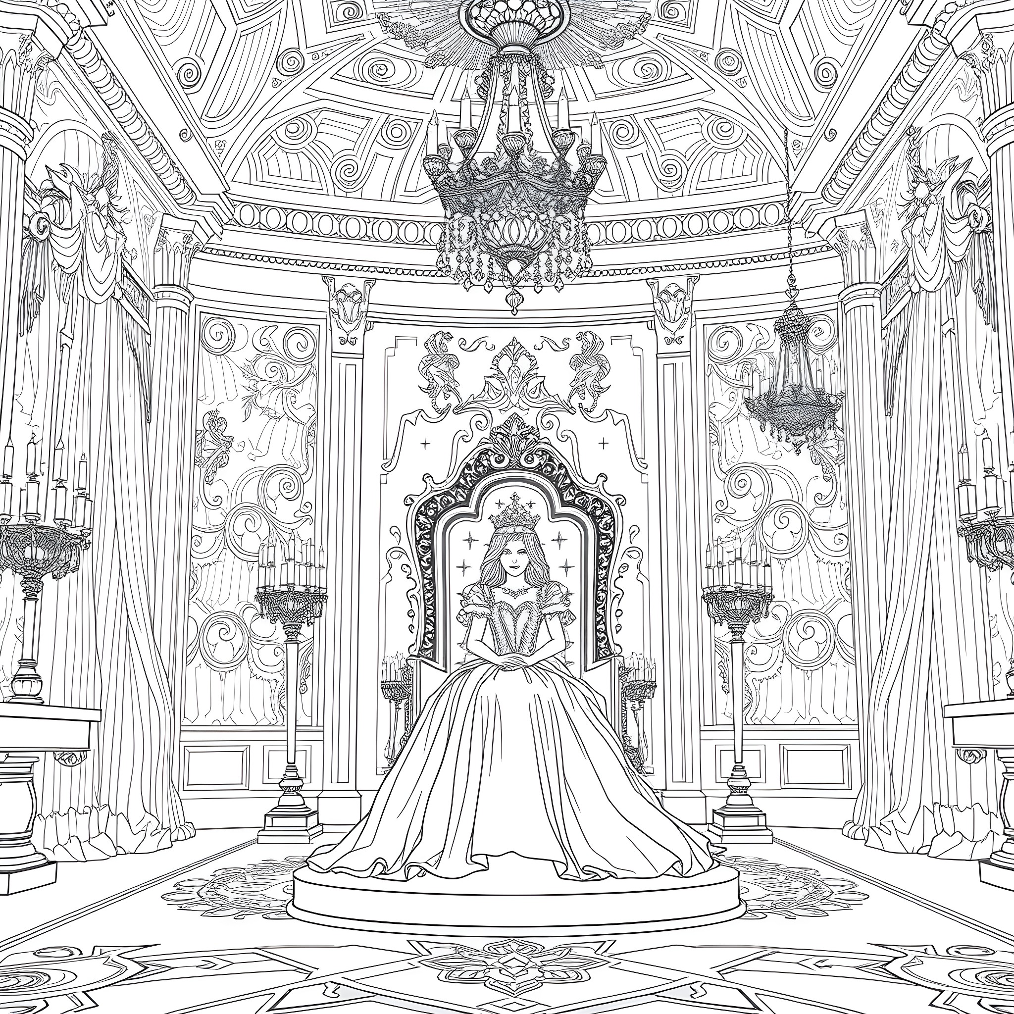 Princess in Ornate Palace Hall Coloring Page (free black-and-white line drawing printable PDF for all, from beginners to advanced learners, including children, teens, adults, and seniors)