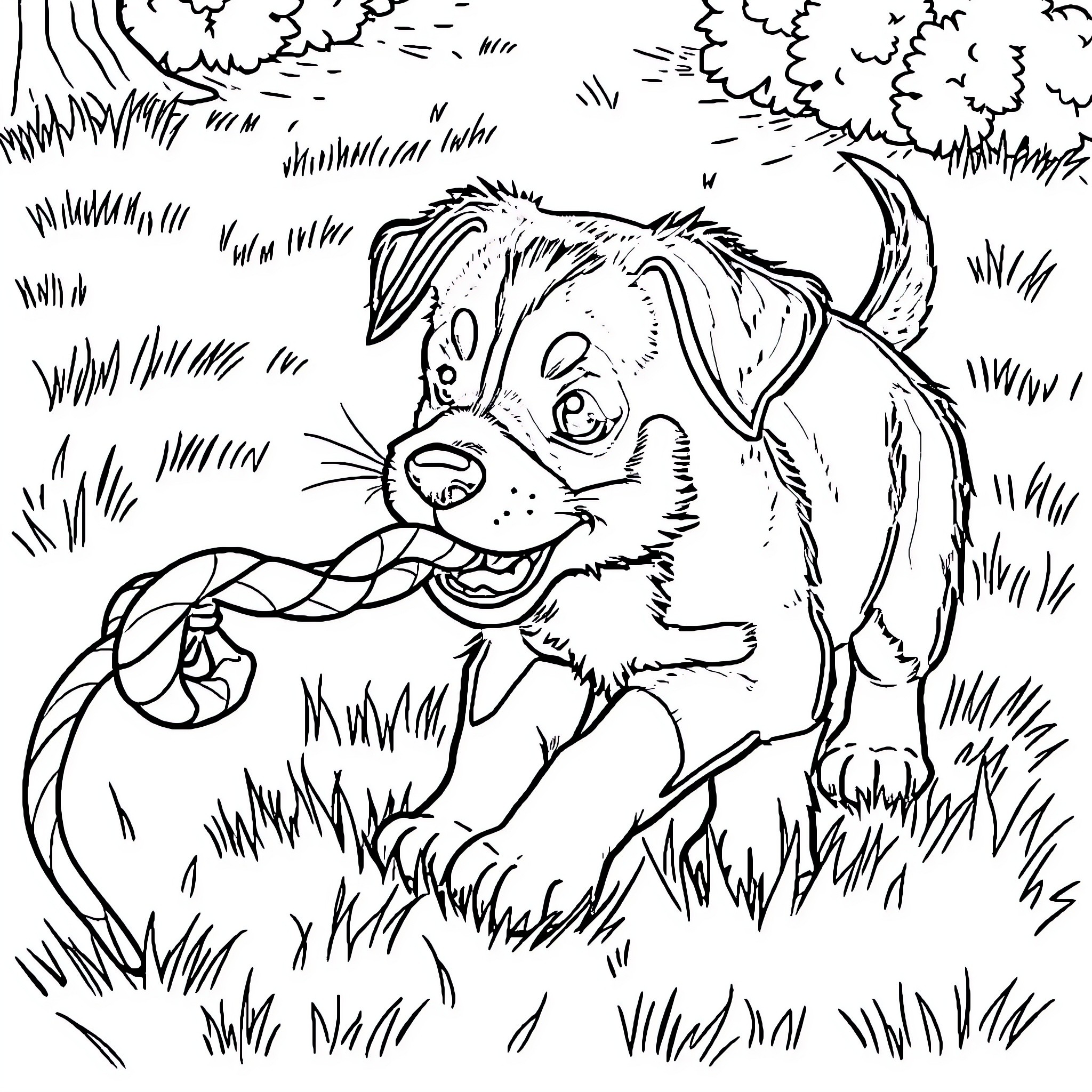 Puppy playing happily with a toy in the grass Coloring Page (free black-and-white line drawing printable PDF for all, from beginners to advanced learners, including children, teens, adults, and seniors)