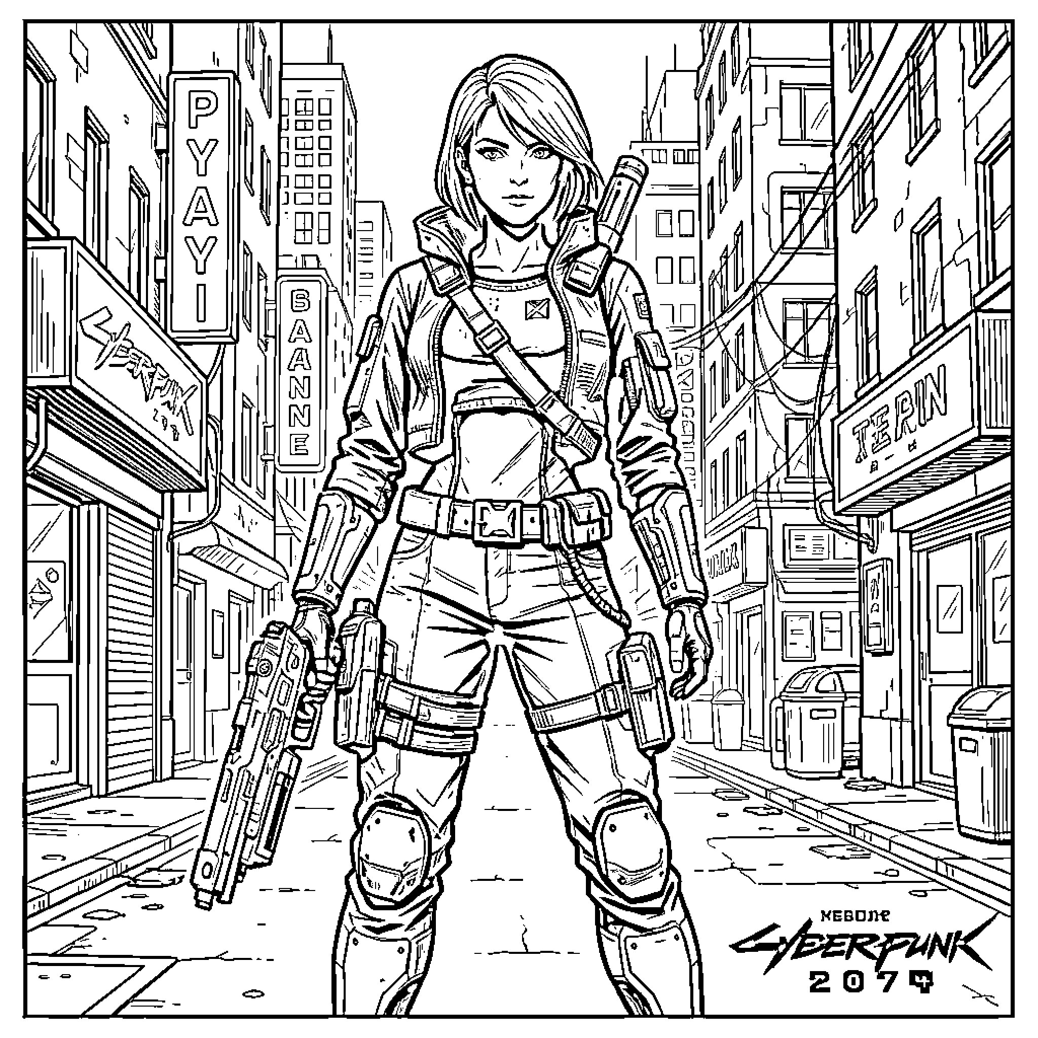 Judy Alvarez in tactical gear with weapons in cyberpunk city Coloring Page (free black-and-white line drawing printable PDF for all, from beginners to advanced learners, including children, teens, adults, and seniors)