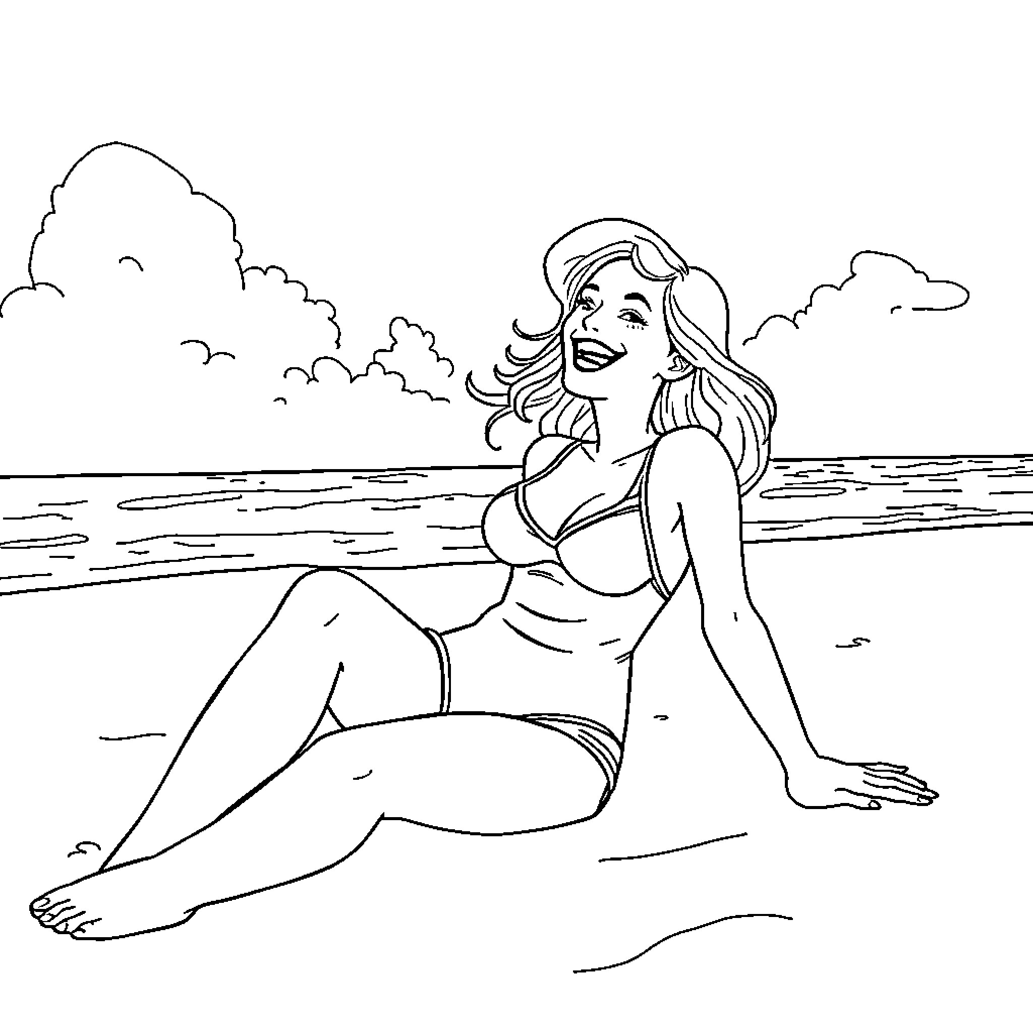 Snow White relaxing on the beach Coloring Page (free black-and-white line drawing printable PDF for all, from beginners to advanced learners, including children, teens, adults, and seniors)