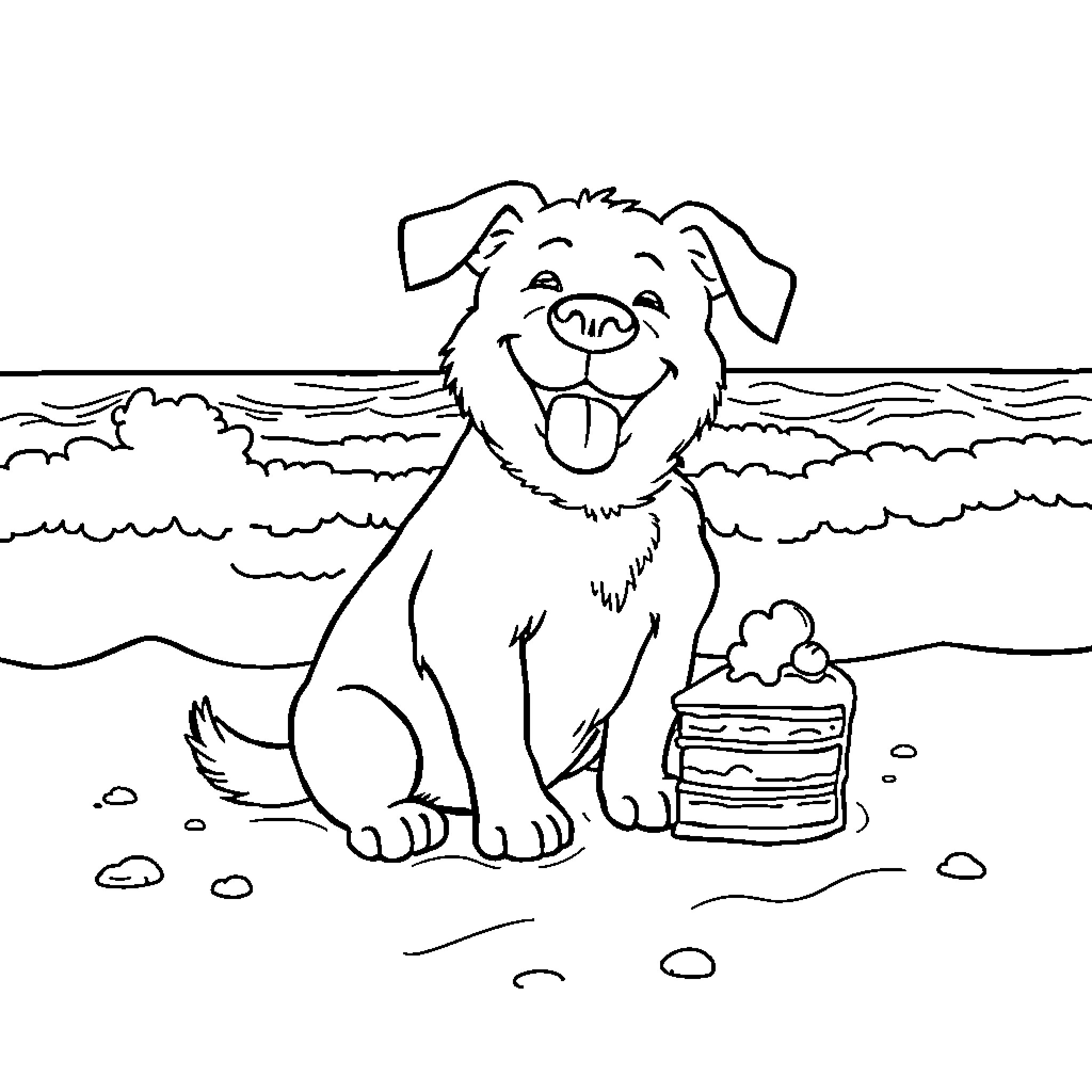 Dog playing joyfully by the beach Coloring Page (free black-and-white line drawing printable PDF for all, from beginners to advanced learners, including children, teens, adults, and seniors)