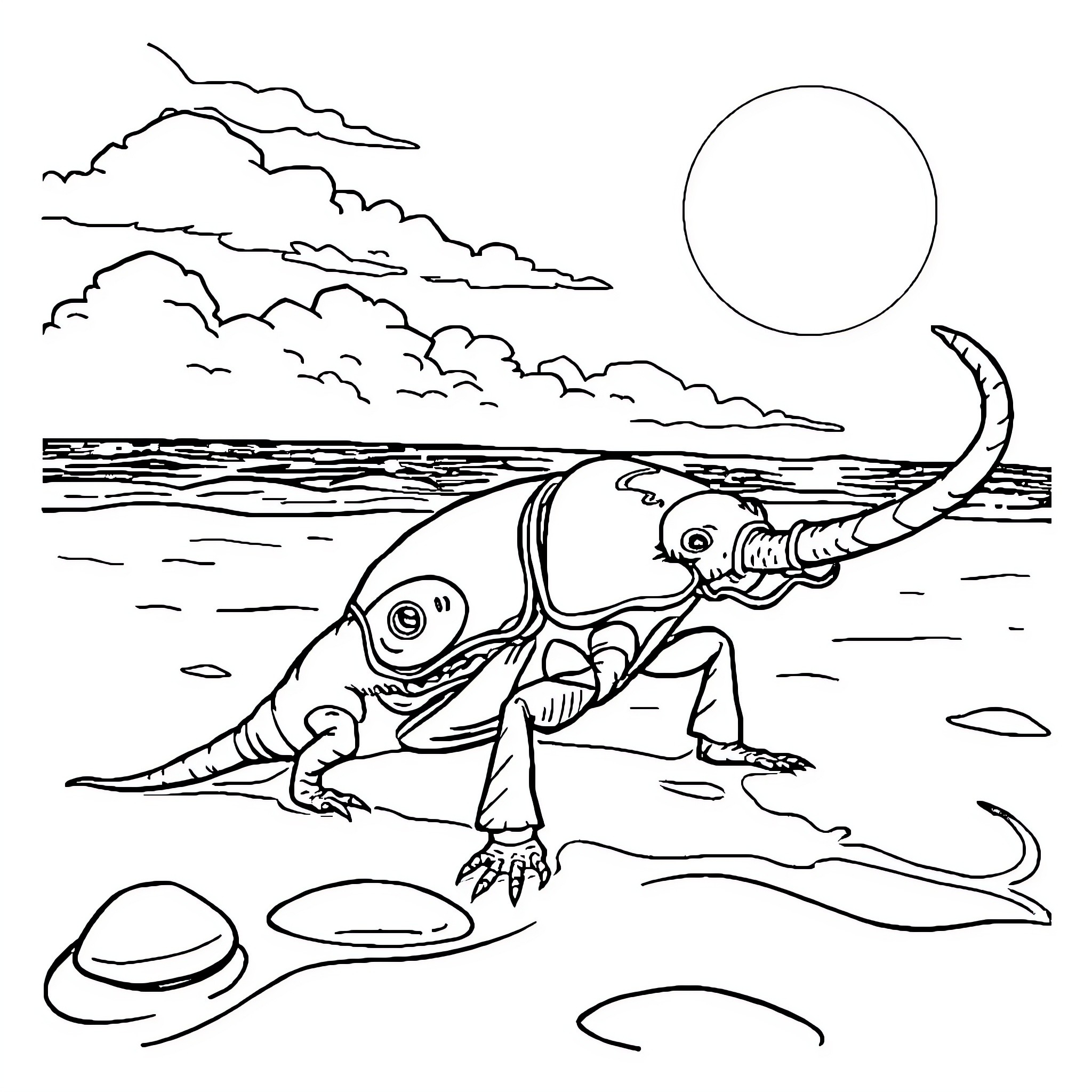Reptile exploring the shoreline at sunset Coloring Page (free black-and-white line drawing printable PDF for all, from beginners to advanced learners, including children, teens, adults, and seniors)