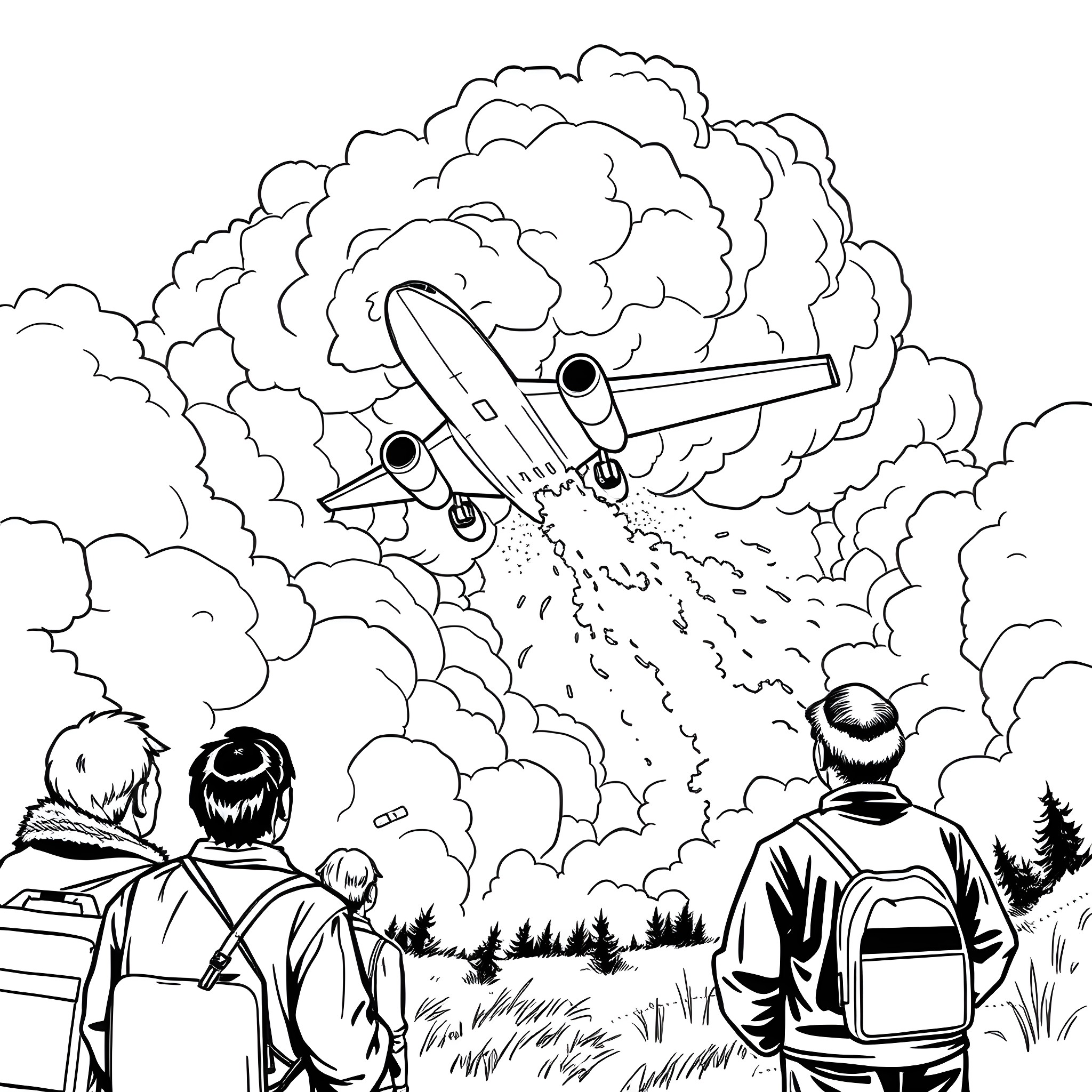 Plane taking off amidst clouds and spectators Coloring Page (free black-and-white line drawing printable PDF for all, from beginners to advanced learners, including children, teens, adults, and seniors)
