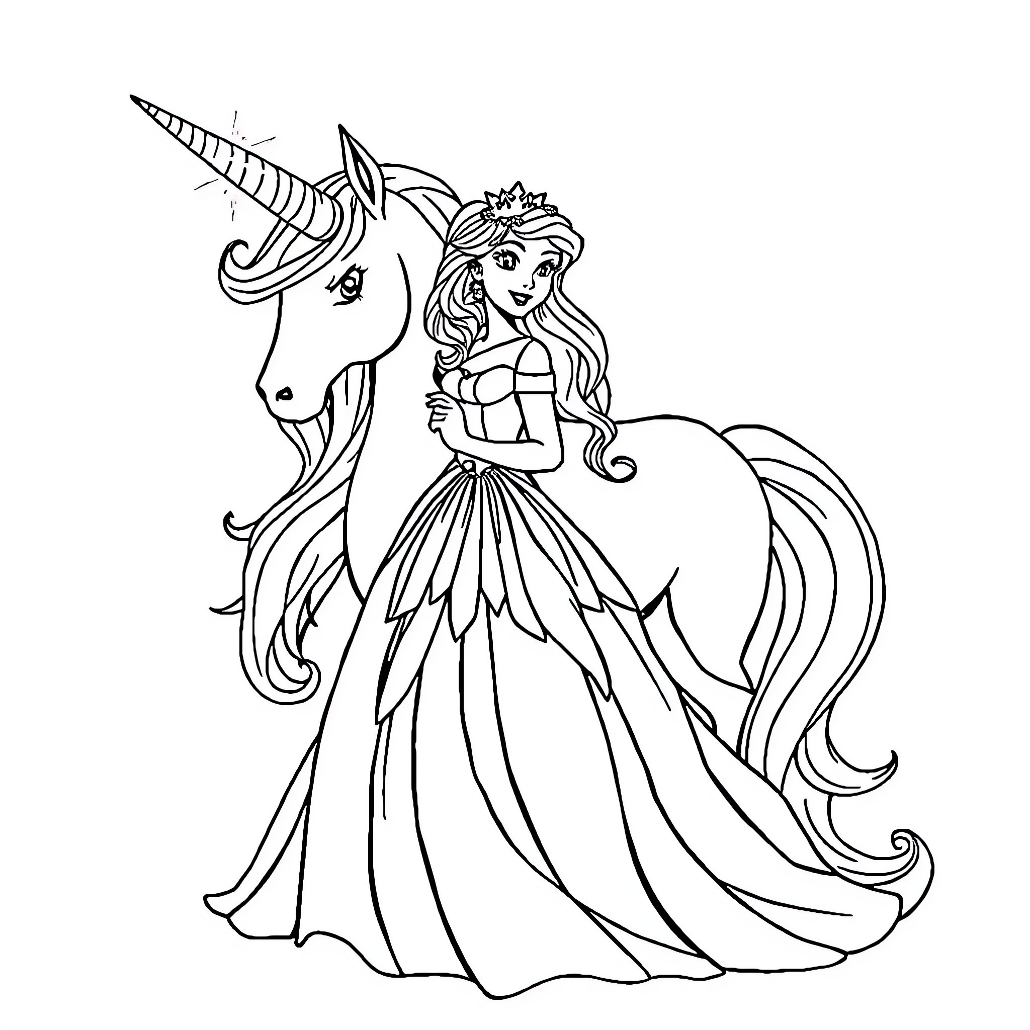 Princess with a Unicorn in a Regal Outfit Coloring Page (free black-and-white line drawing printable PDF for all, from beginners to advanced learners, including children, teens, adults, and seniors)