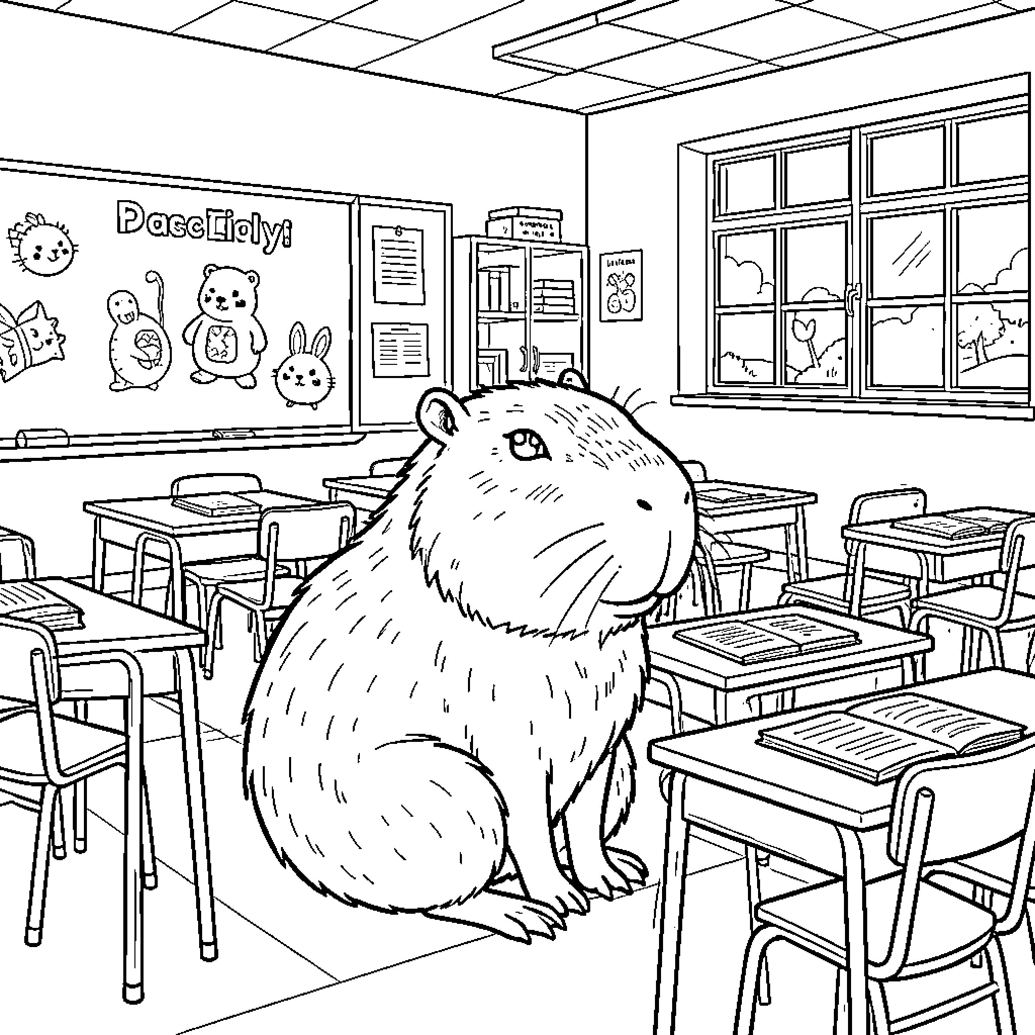 Capybara sitting calmly in an empty classroom Coloring Page (free black-and-white line drawing printable PDF for all, from beginners to advanced learners, including children, teens, adults, and seniors)