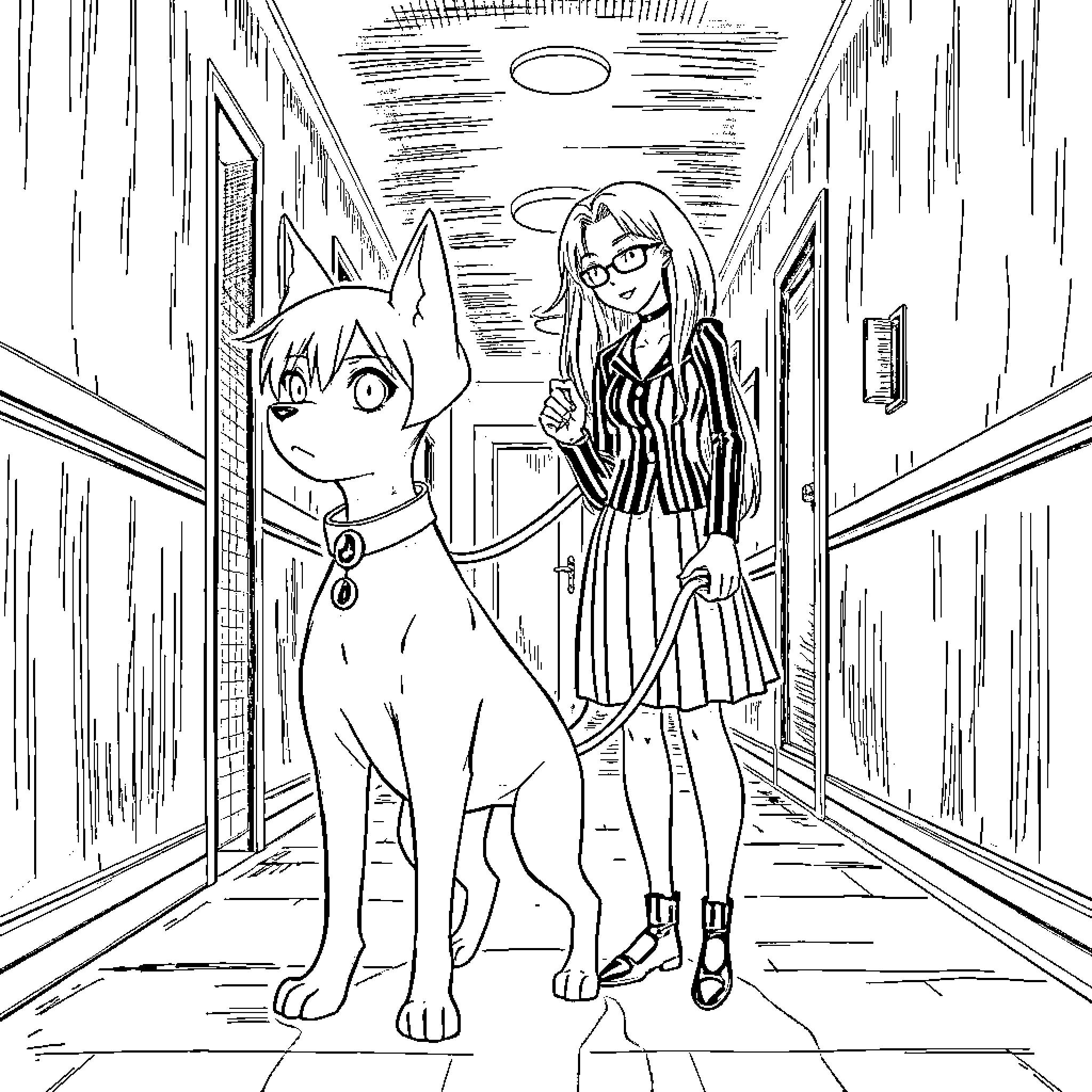 Katsuki Bakugo and Mysterious Girl in Striped Outfit in School Hallway Coloring Page (free black-and-white line drawing printable PDF for all, from beginners to advanced learners, including children, teens, adults, and seniors)