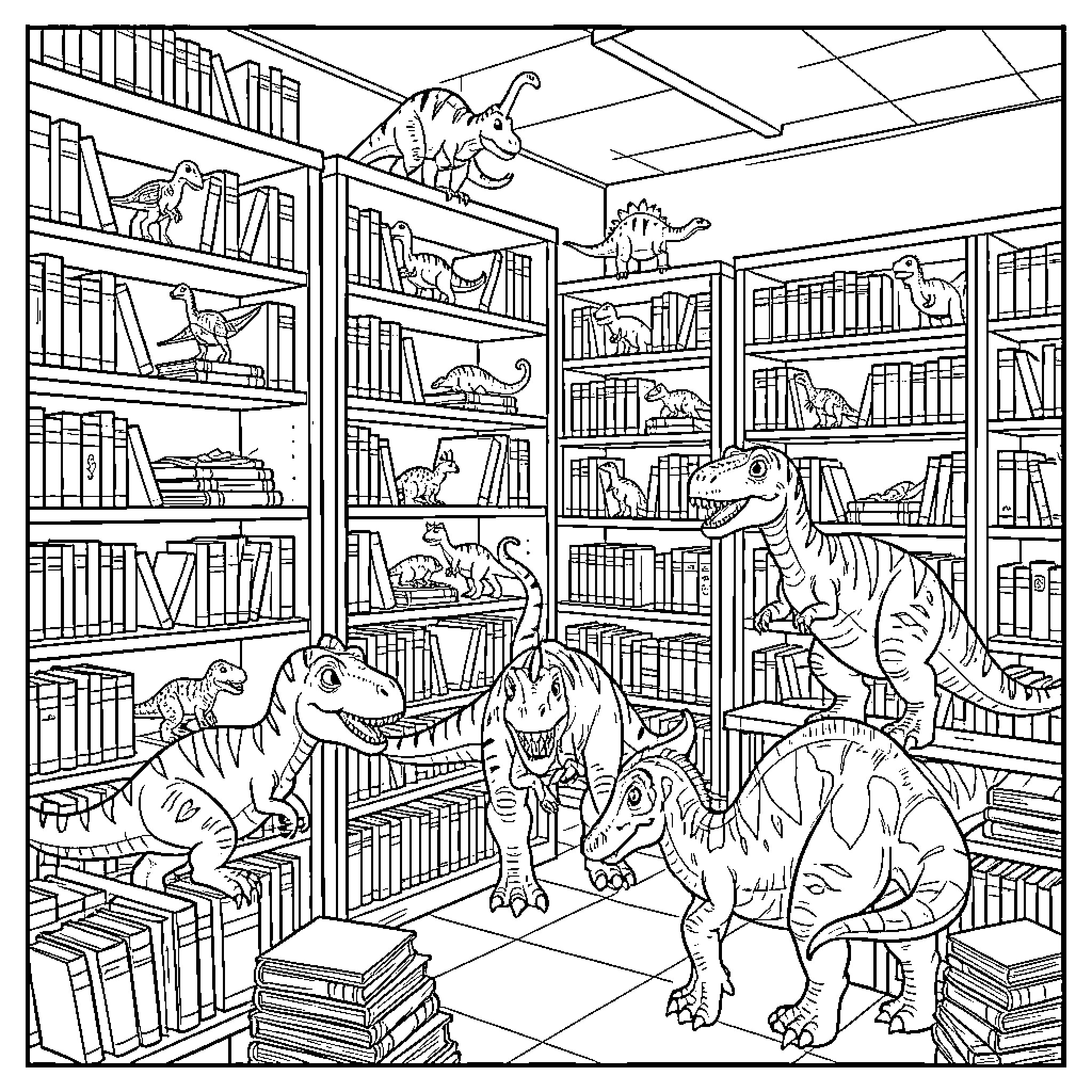 Dinosaur Exploration in the Library Coloring Page (free black-and-white line drawing printable PDF for all, from beginners to advanced learners, including children, teens, adults, and seniors)