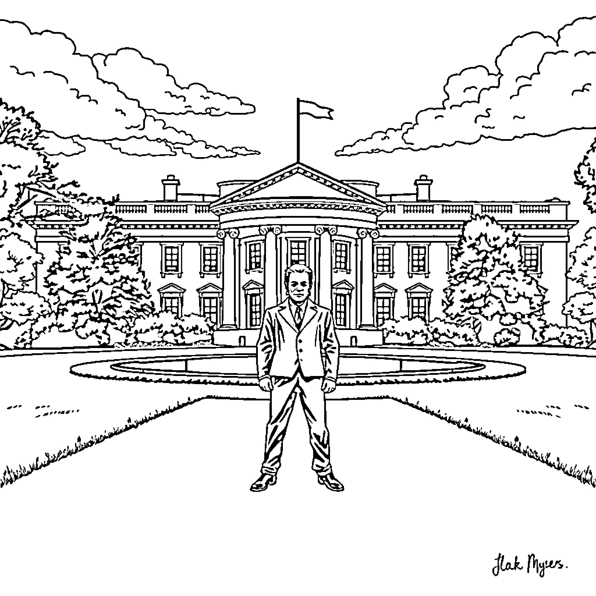 Michael Myers stands ominously in front of the White House Coloring Page (free black-and-white line drawing printable PDF for all, from beginners to advanced learners, including children, teens, adults, and seniors)