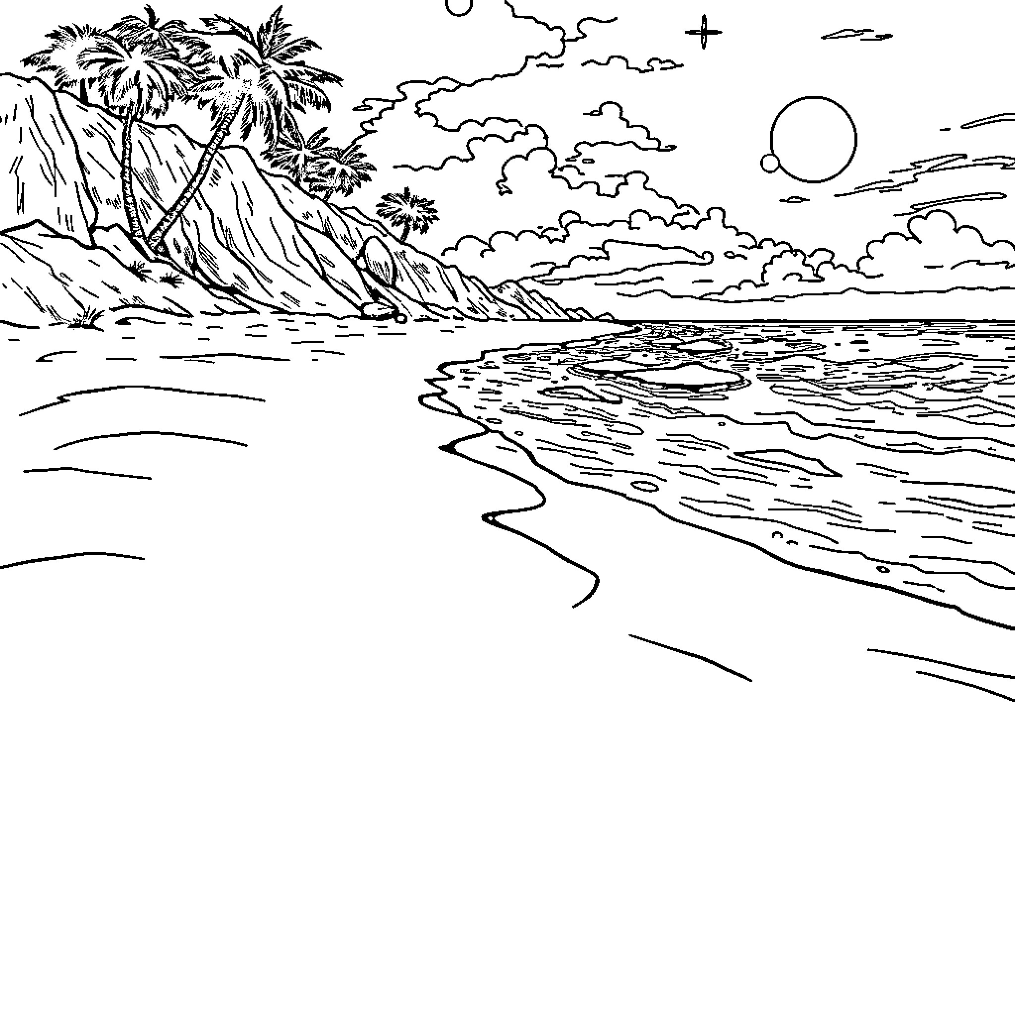 Beach scene with palm trees and ocean landscape Coloring Page (free black-and-white line drawing printable PDF for all, from beginners to advanced learners, including children, teens, adults, and seniors)