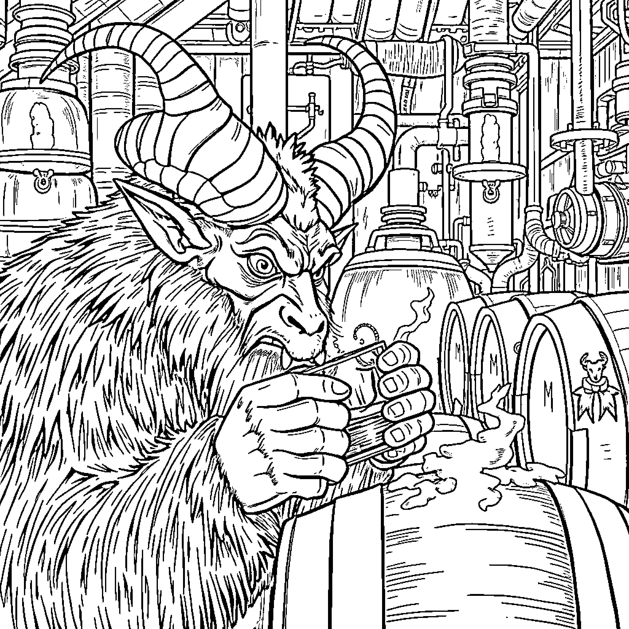 Krampus unleashing mischief in a fantastical workshop Coloring Page (free black-and-white line drawing printable PDF for all, from beginners to advanced learners, including children, teens, adults, and seniors)