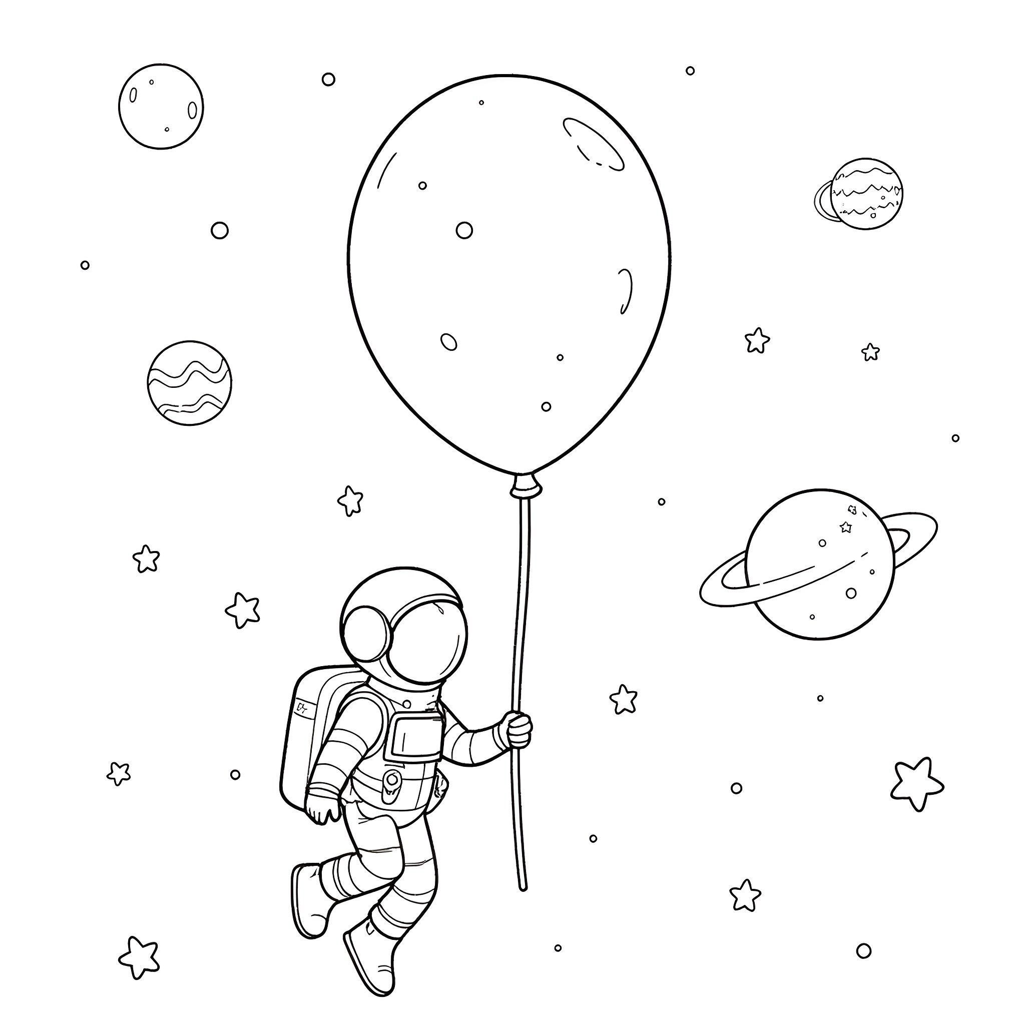 Astronaut floating with balloon in space Coloring Page (free black-and-white line drawing printable PDF for all, from beginners to advanced learners, including children, teens, adults, and seniors)