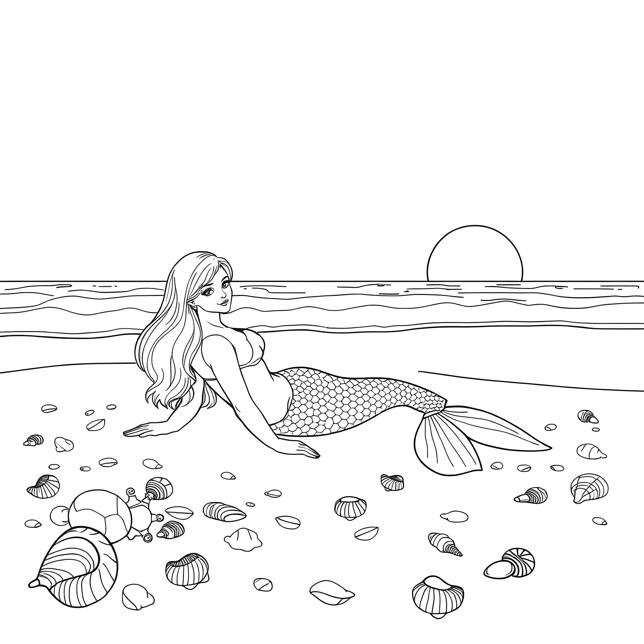 Mermaid resting peacefully on the sandy seabed at sunset Coloring Page (free black-and-white line drawing printable PDF for all, from beginners to advanced learners, including children, teens, adults, and seniors)