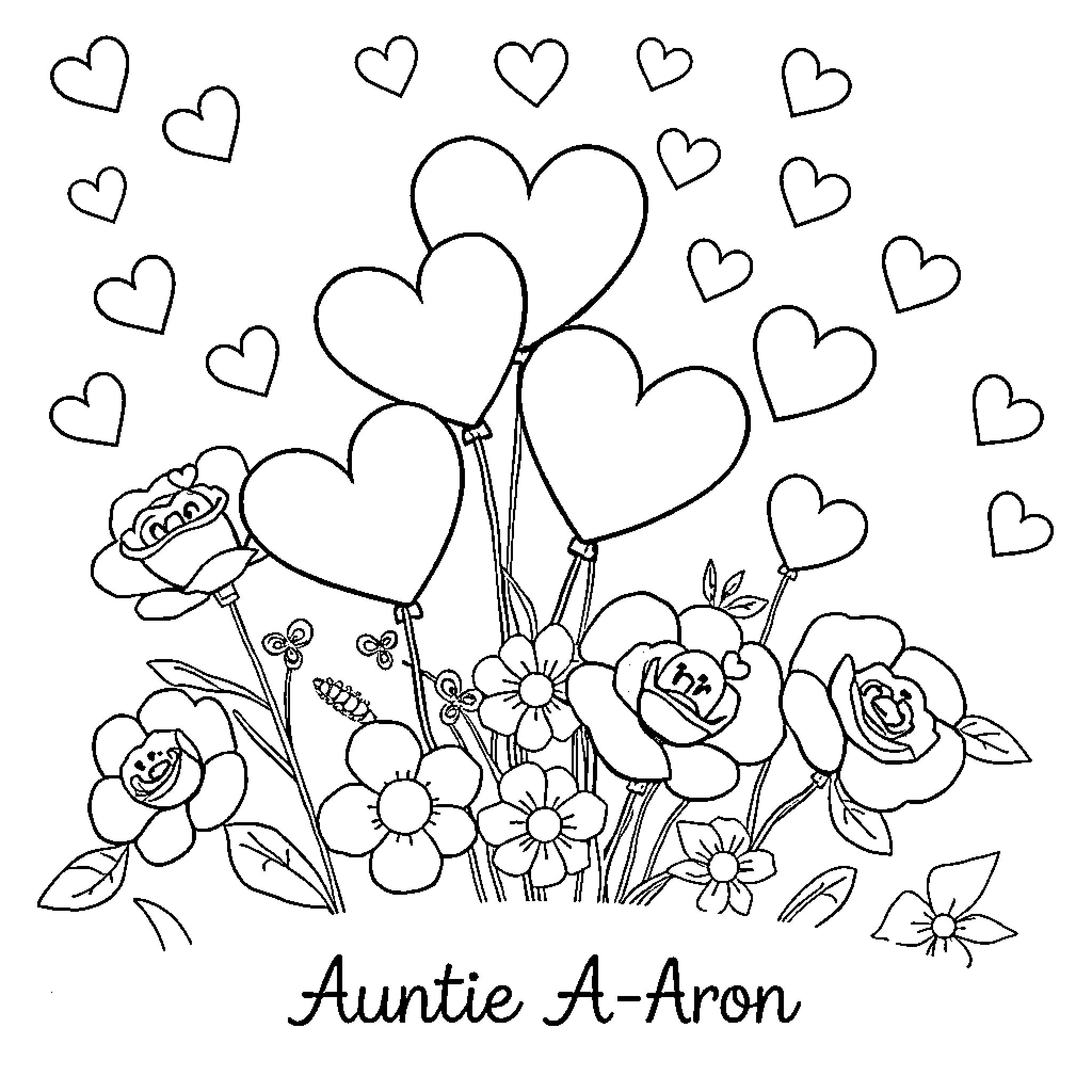 Valentine's Bouquet of Flowers and Balloons Coloring Page (free black-and-white line drawing printable PDF for all, from beginners to advanced learners, including children, teens, adults, and seniors)