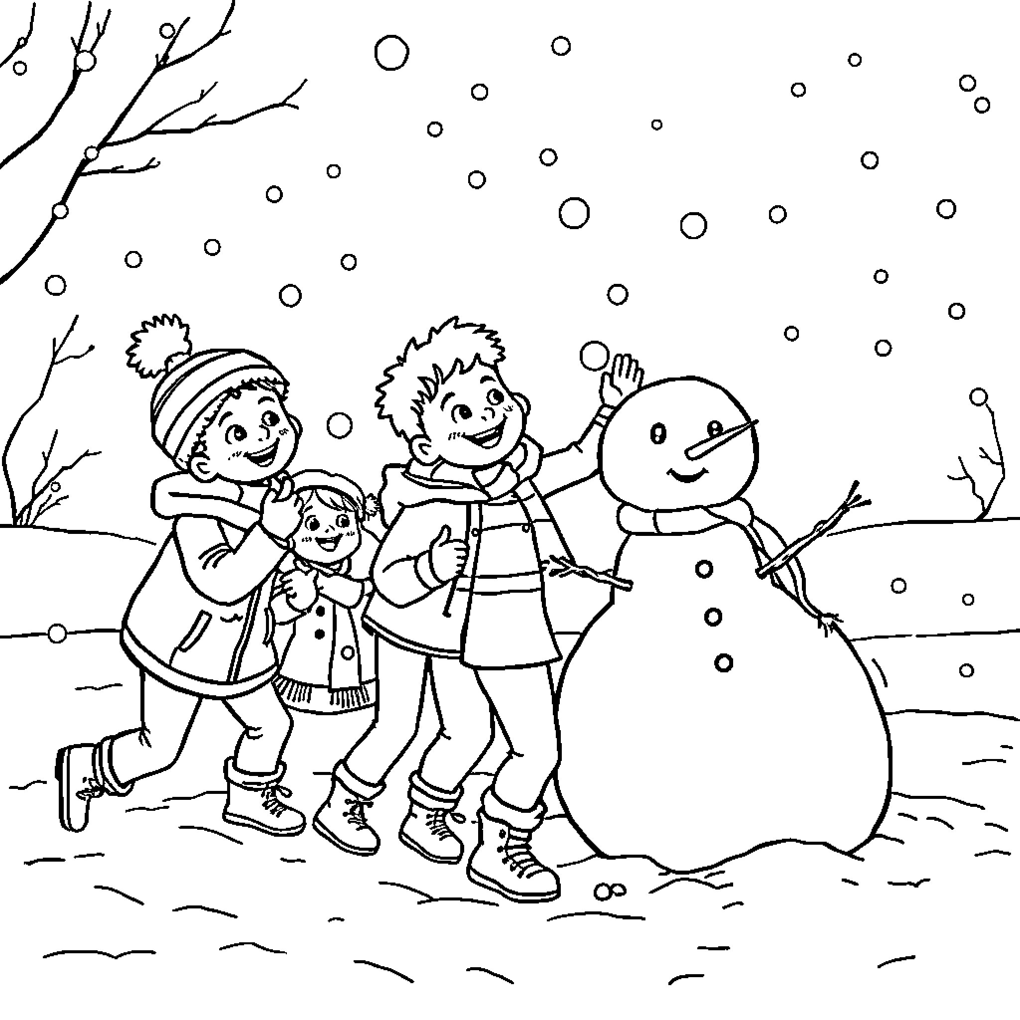 Students playing happily in the winter wonderland Coloring Page (free black-and-white line drawing printable PDF for all, from beginners to advanced learners, including children, teens, adults, and seniors)