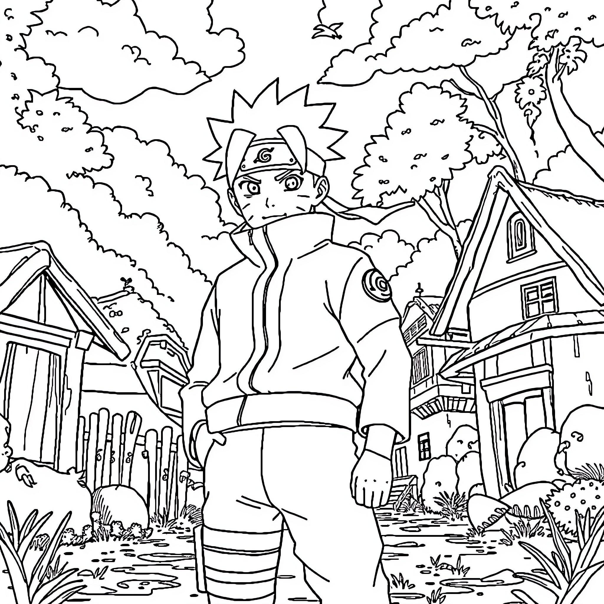 Naruto exploring the village with determination Coloring Page (free black-and-white line drawing printable PDF for all, from beginners to advanced learners, including children, teens, adults, and seniors)