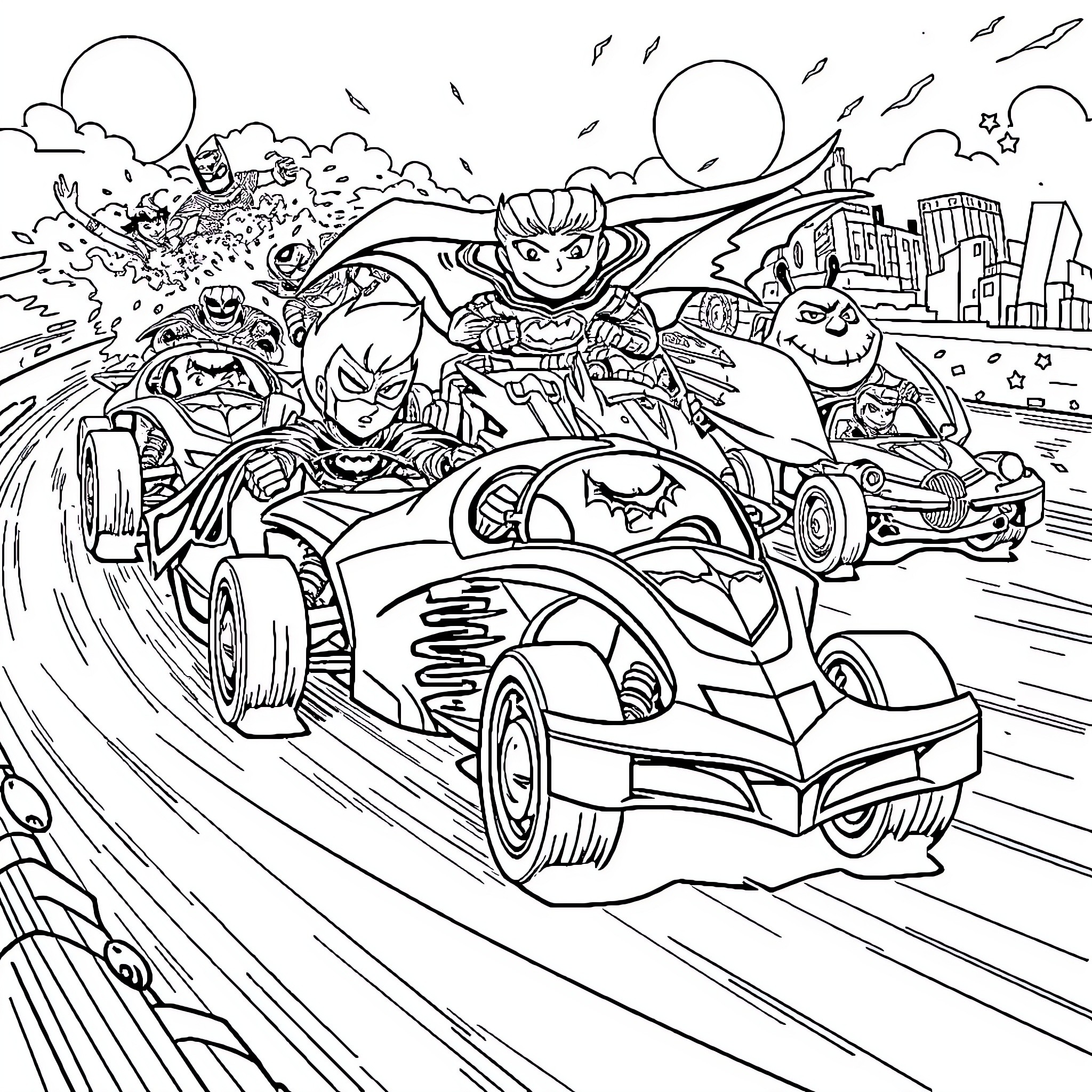 Batwheels characters racing on the city streets Coloring Page (free black-and-white line drawing printable PDF for all, from beginners to advanced learners, including children, teens, adults, and seniors)