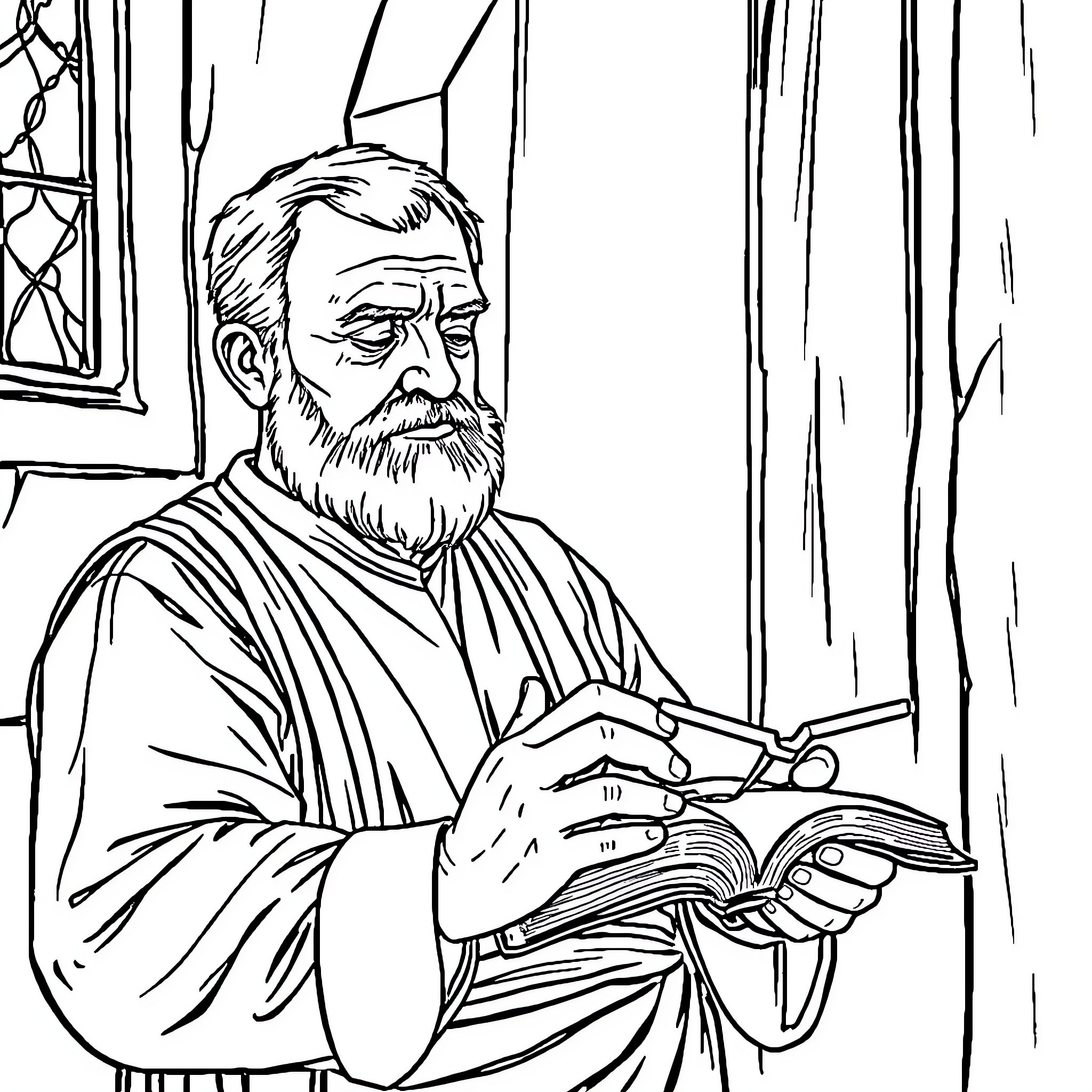Man intently reading from a book in a study Coloring Page (free black-and-white line drawing printable PDF for all, from beginners to advanced learners, including children, teens, adults, and seniors)