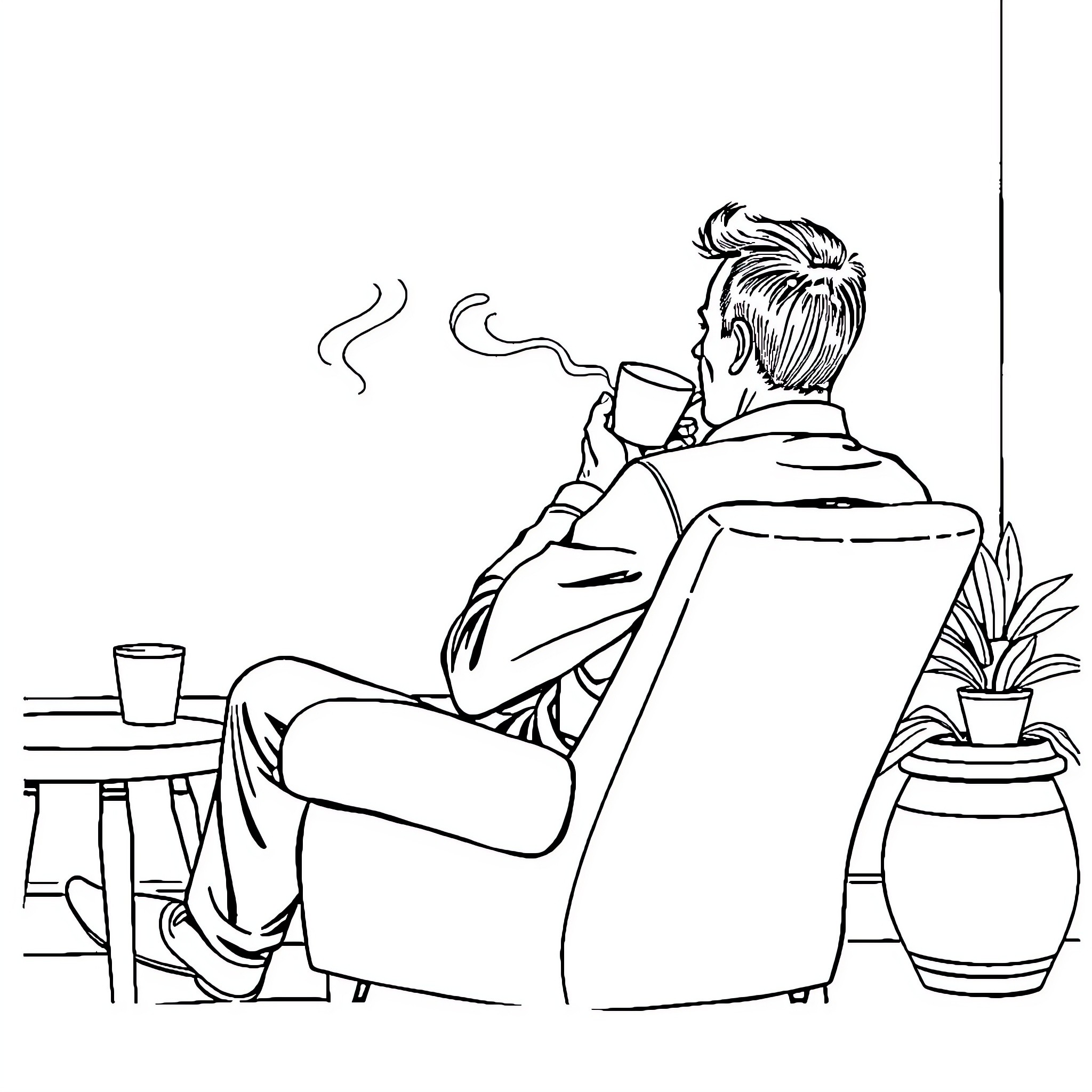 Man relaxing in armchair with hot beverage Coloring Page (free black-and-white line drawing printable PDF for all, from beginners to advanced learners, including children, teens, adults, and seniors)