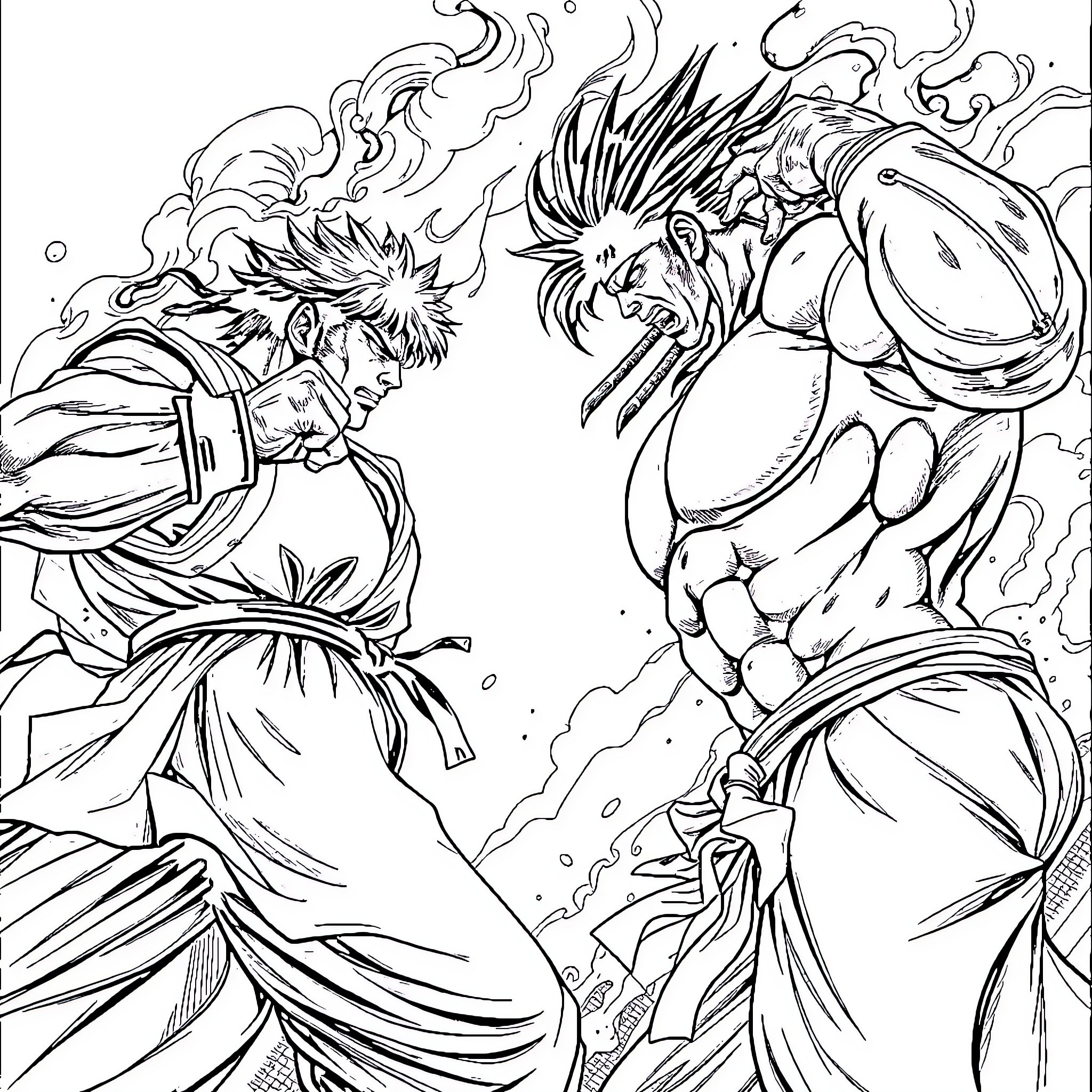 Ryu's Fierce Battle with a Powerful Opponent Coloring Page (free black-and-white line drawing printable PDF for all, from beginners to advanced learners, including children, teens, adults, and seniors)