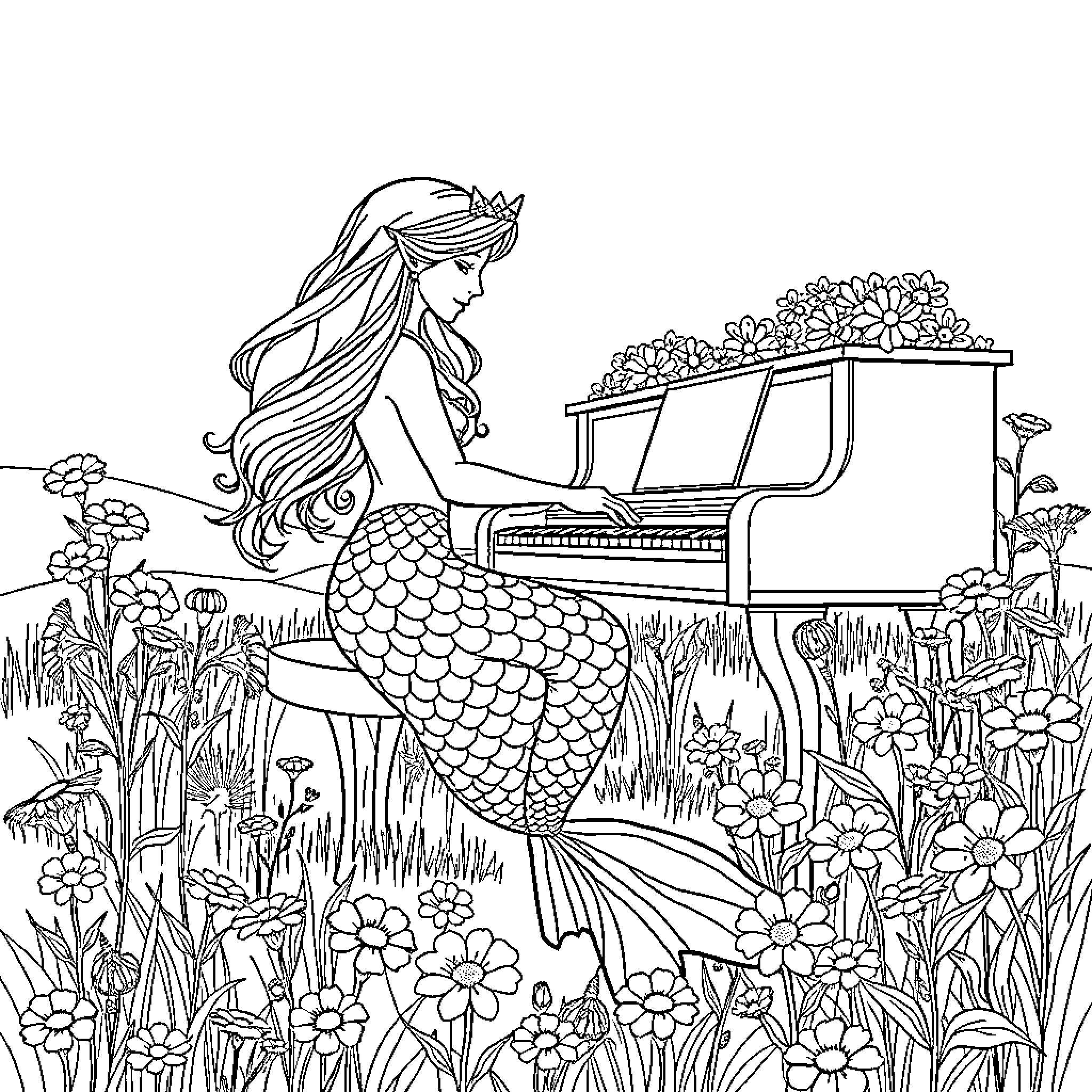 Mermaid playing a piano in a magical garden Coloring Page (free black-and-white line drawing printable PDF for all, from beginners to advanced learners, including children, teens, adults, and seniors)