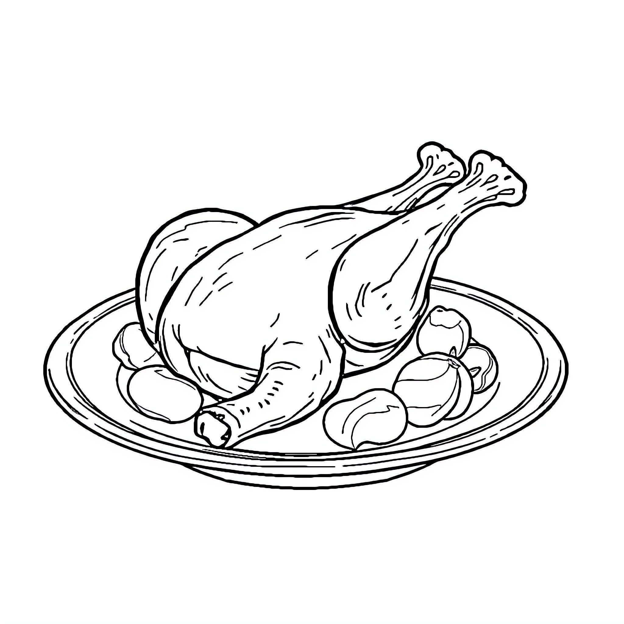 Chicken cooked and served on a plate Coloring Page (free black-and-white line drawing printable PDF for all, from beginners to advanced learners, including children, teens, adults, and seniors)
