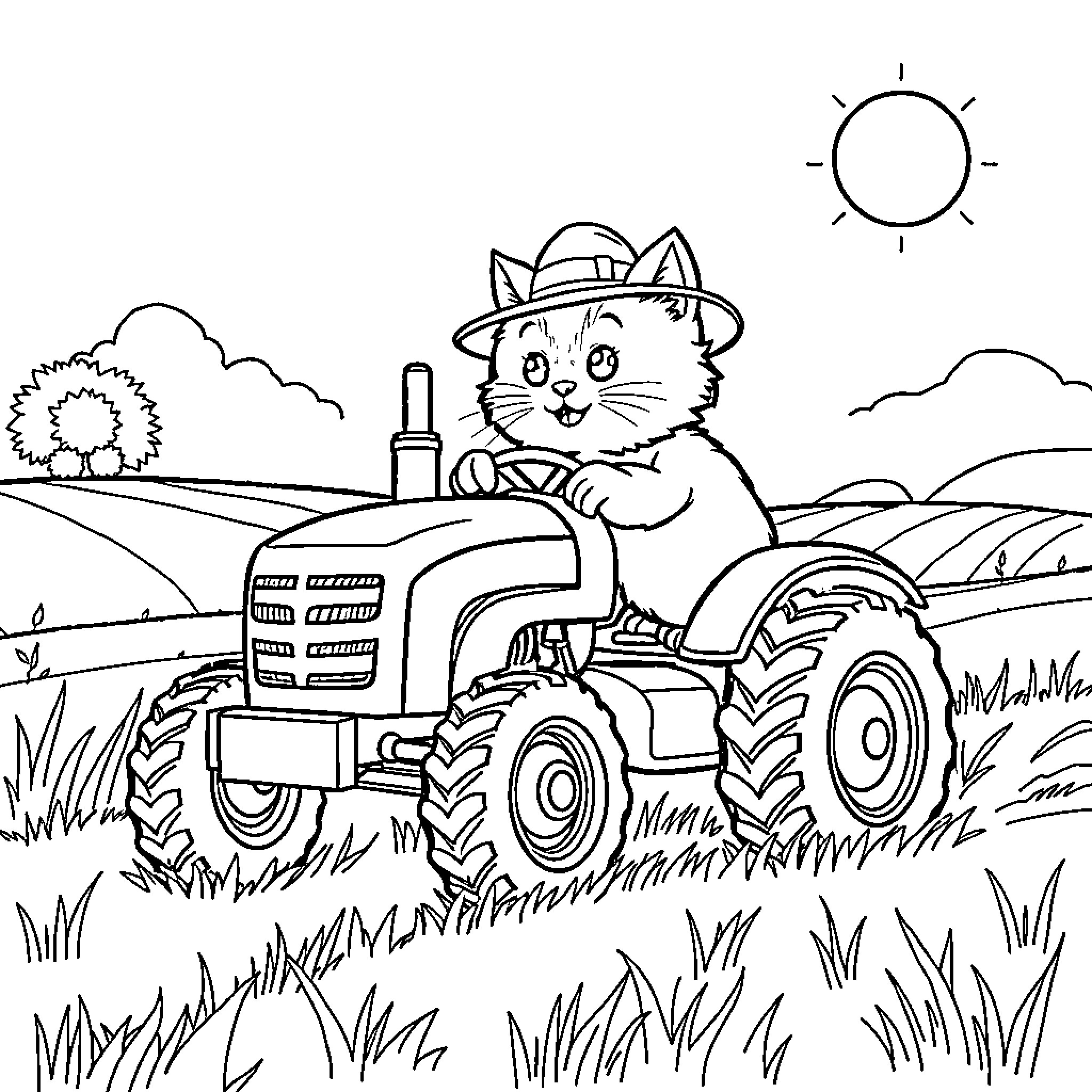 Cat driving a tractor in the countryside Coloring Page (free black-and-white line drawing printable PDF for all, from beginners to advanced learners, including children, teens, adults, and seniors)