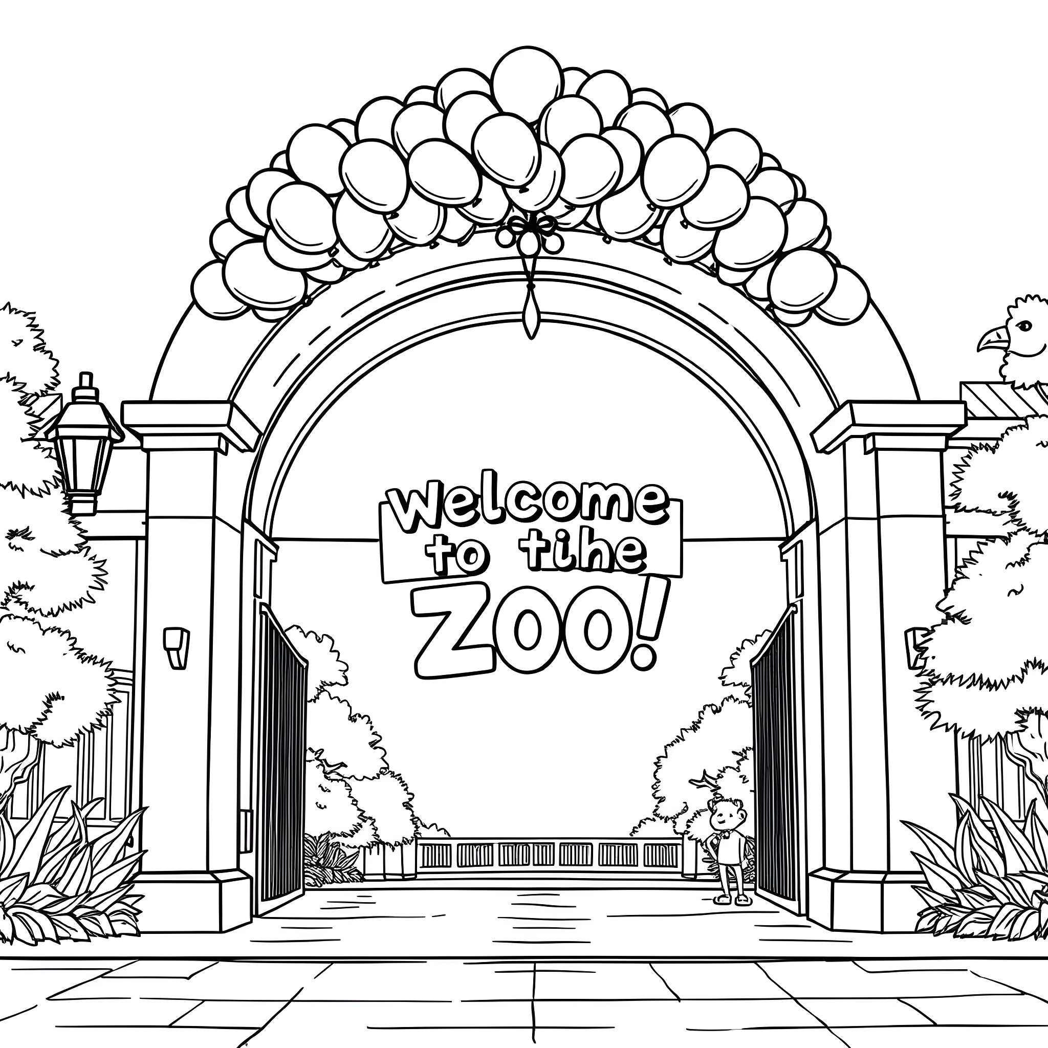 Zoo Entrance with Arch and Balloons Coloring Page (free black-and-white line drawing printable PDF for all, from beginners to advanced learners, including children, teens, adults, and seniors)