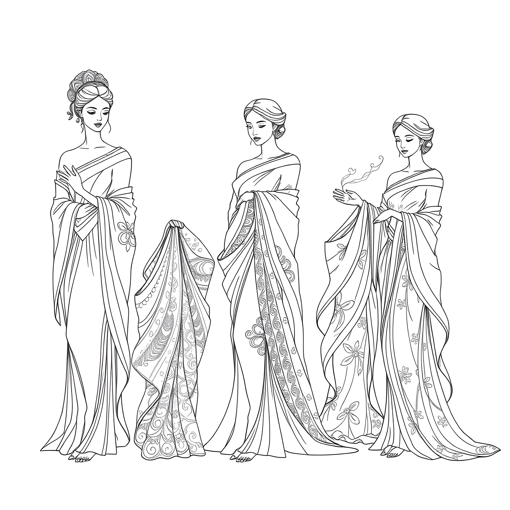 Muslim Women in Traditional Ceremonial Attire Coloring Page (free black-and-white line drawing printable PDF for all, from beginners to advanced learners, including children, teens, adults, and seniors)