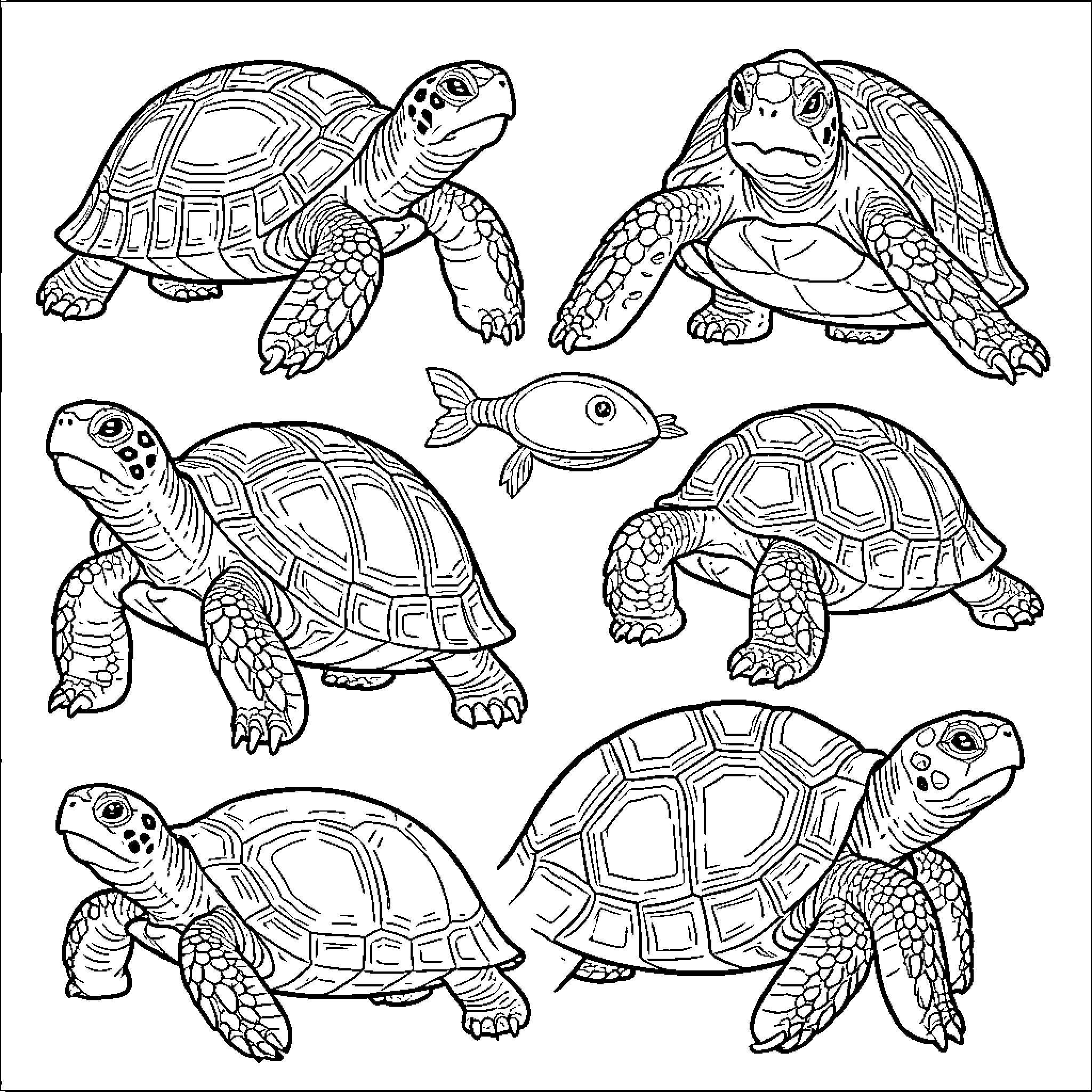 Turtle group exploring with a small fish Coloring Page (free black-and-white line drawing printable PDF for all, from beginners to advanced learners, including children, teens, adults, and seniors)
