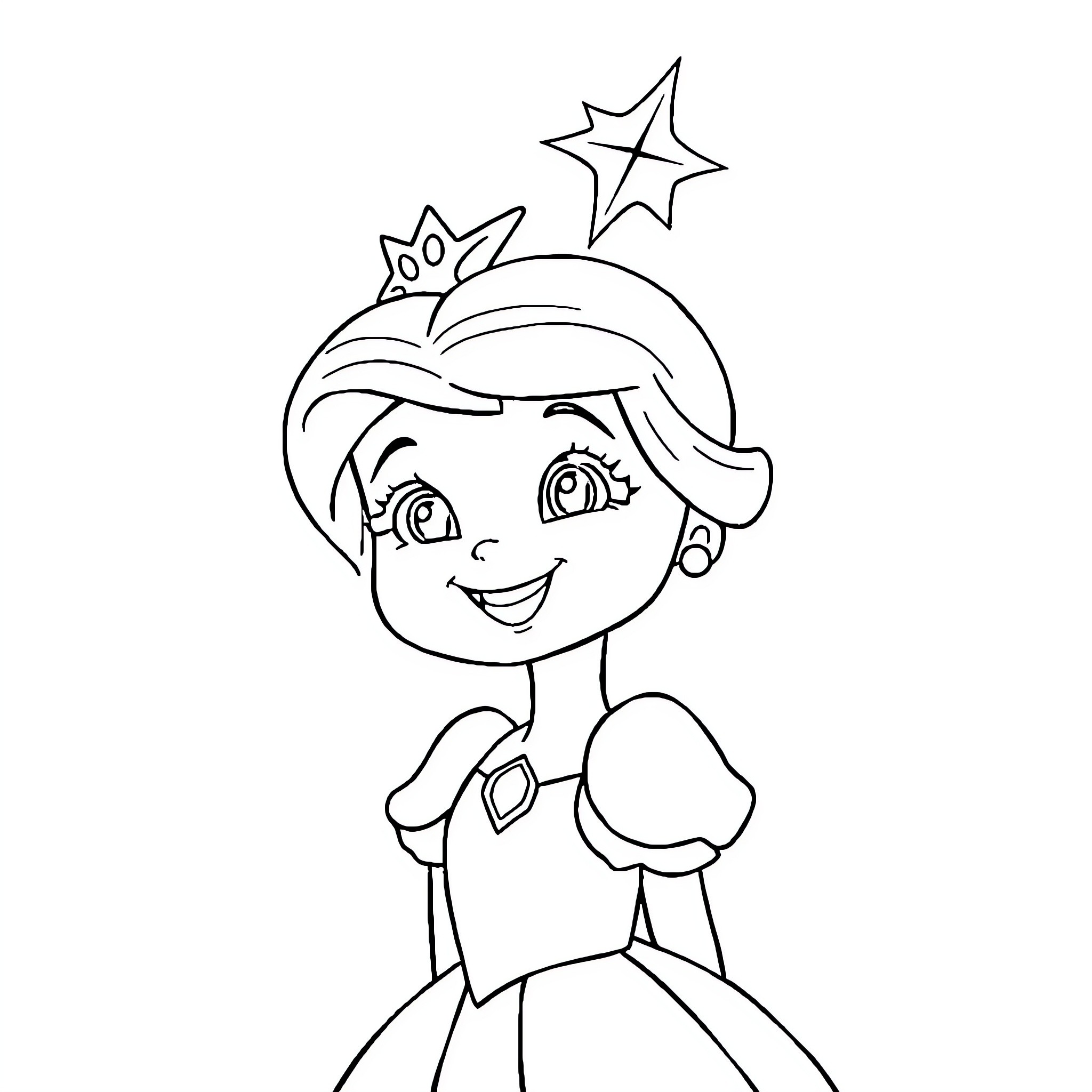 Princess in happy posture with crown and stars Coloring Page (free black-and-white line drawing printable PDF for all, from beginners to advanced learners, including children, teens, adults, and seniors)