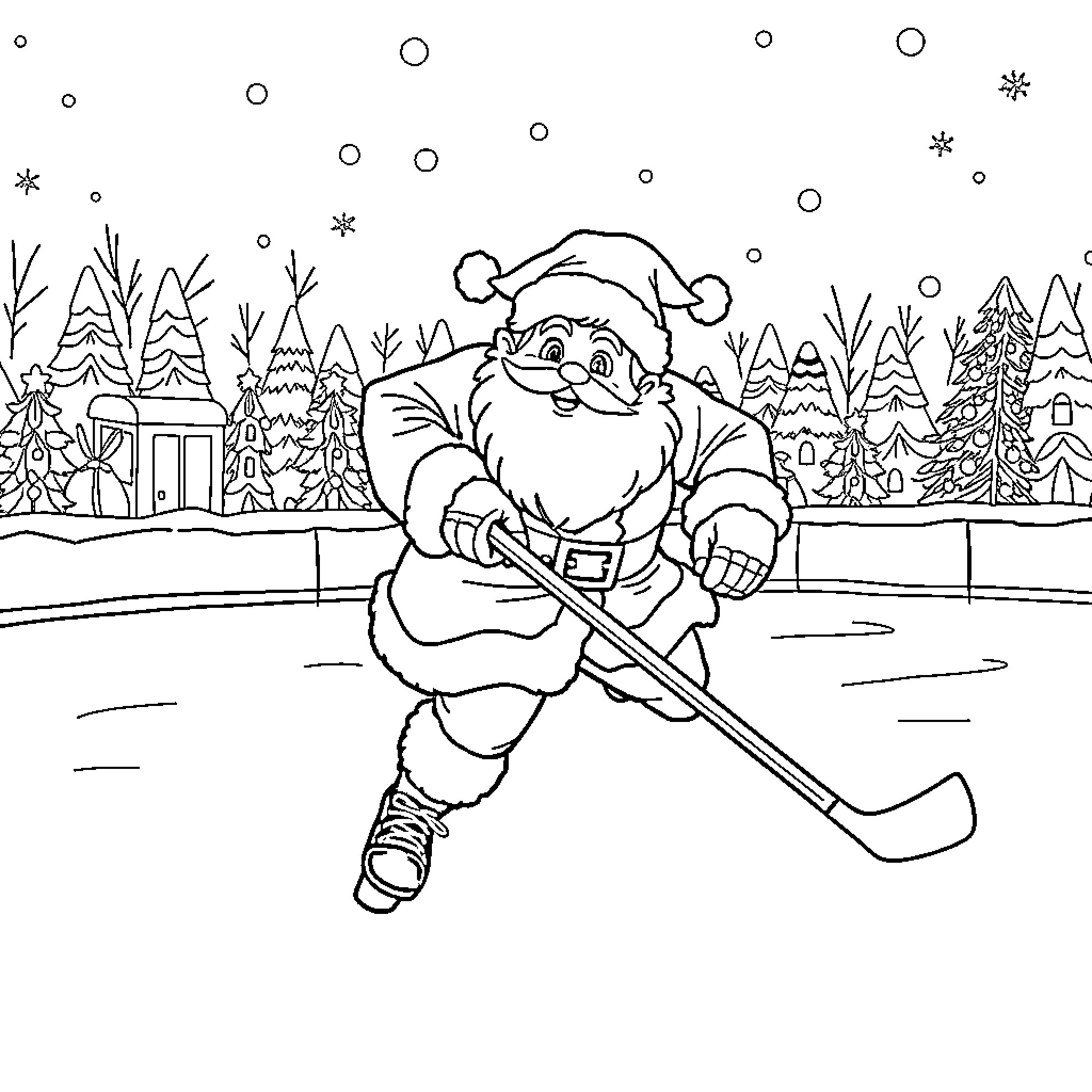 Santa playing hockey in the snowy forest Coloring Page (free black-and-white line drawing printable PDF for all, from beginners to advanced learners, including children, teens, adults, and seniors)
