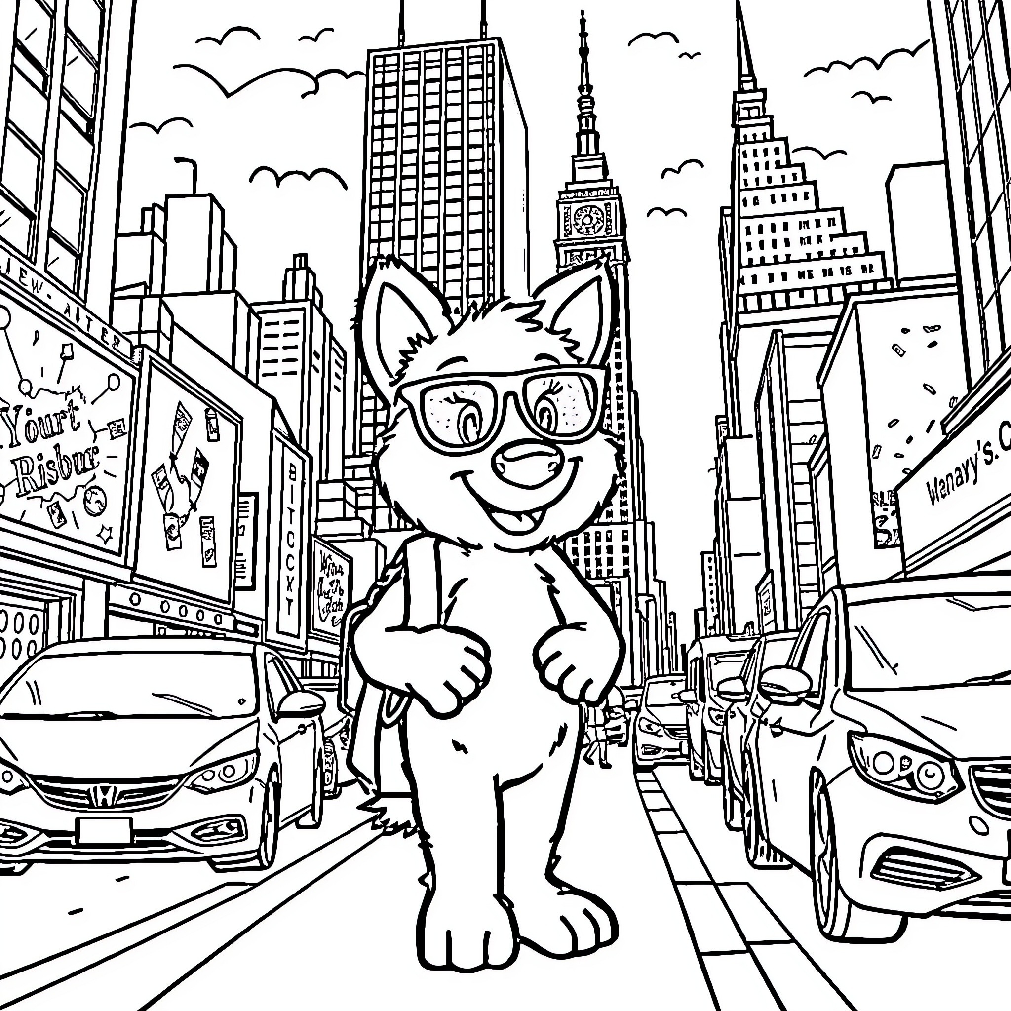 Bingo in the Big City Coloring Page (free black-and-white line drawing printable PDF for all, from beginners to advanced learners, including children, teens, adults, and seniors)