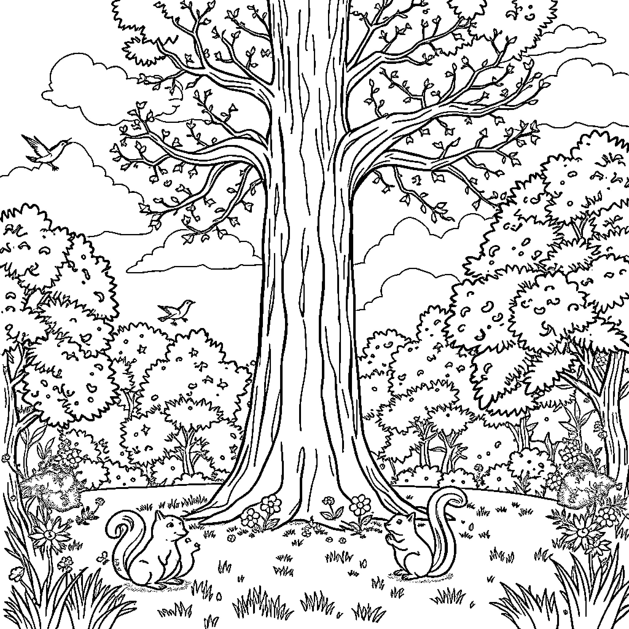 Tree in Peaceful Woodland Scene Coloring Page (free black-and-white line drawing printable PDF for all, from beginners to advanced learners, including children, teens, adults, and seniors)