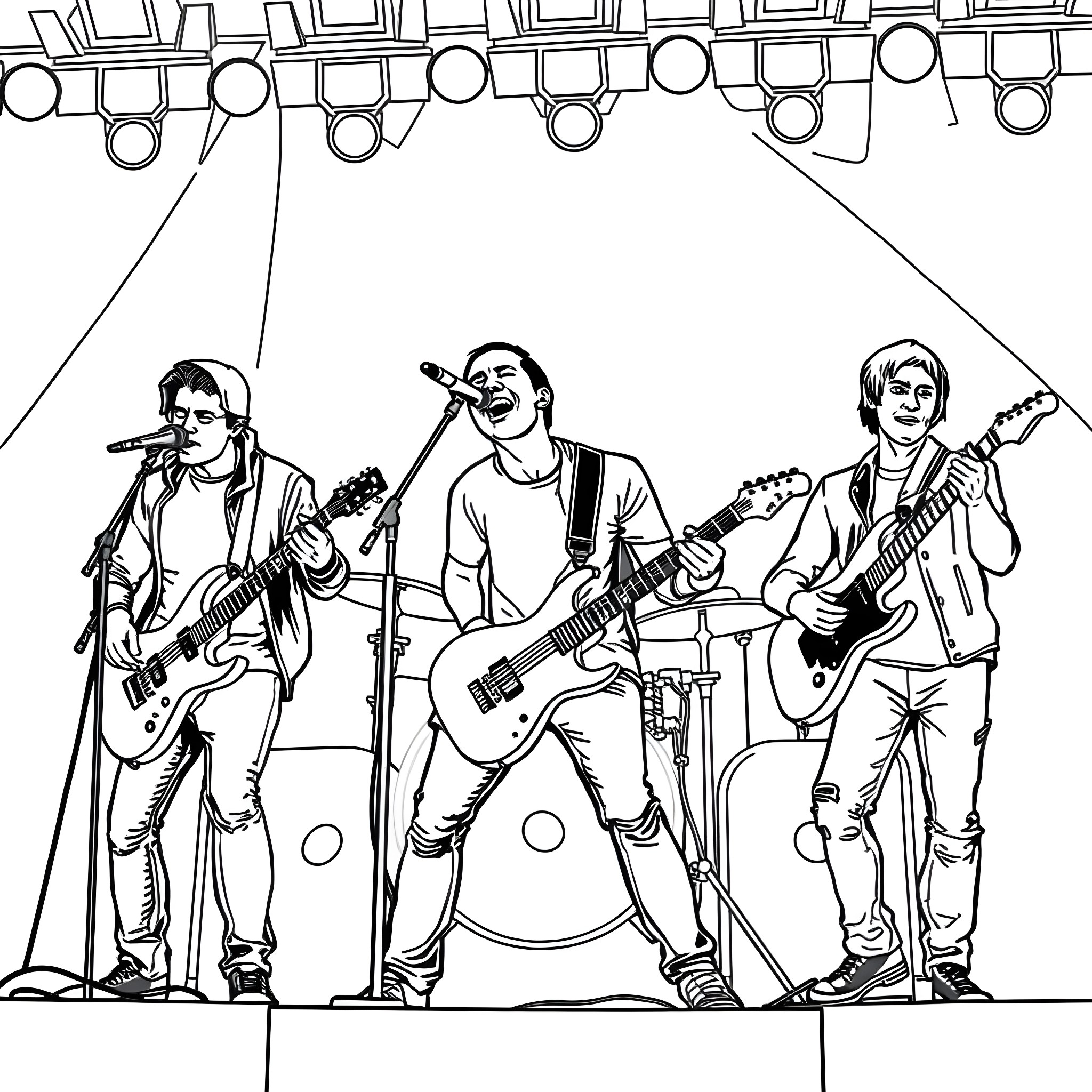 Linkin Park Performing on Stage Coloring Page (free black-and-white line drawing printable PDF for all, from beginners to advanced learners, including children, teens, adults, and seniors)